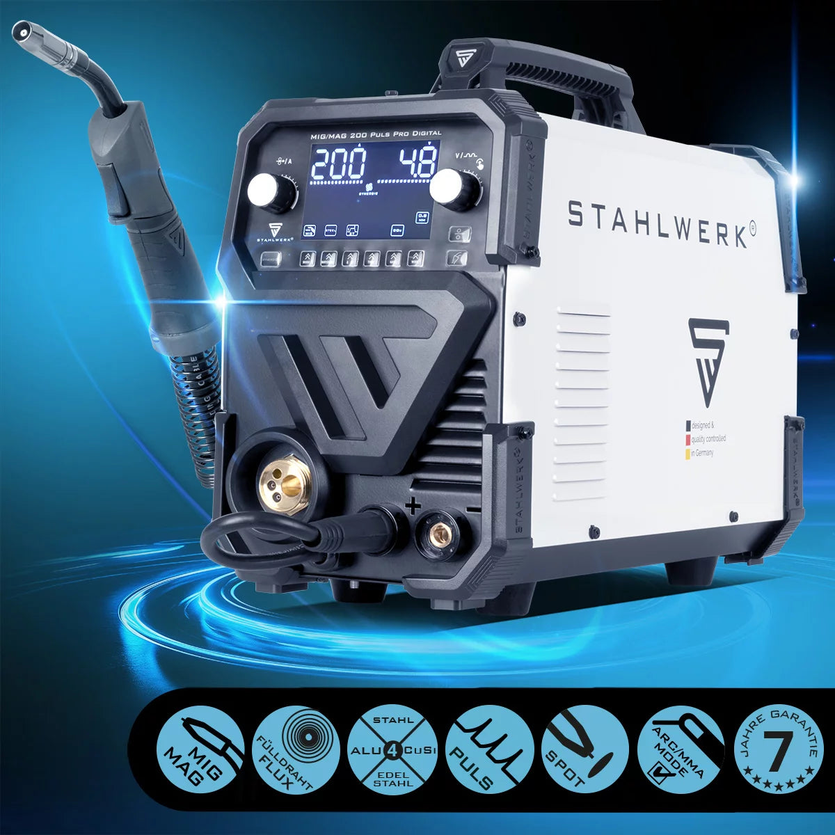 Saldatrice digitale a gas inerte STAHLWERK MIG MAG 200 Spot Puls Pro | Convertitore IGBT 200 A| Trainafilo sinergico | Azionamento a 4 rulli | Funzione di saldatura FLUX, Lift-TIG, MMA/ARC, CuSi | MIG pulsato per alluminio