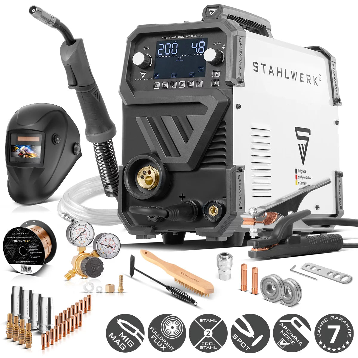 STAHLWERK welding machine MIG MAG 200 ST Digital fully equipped IGBT inert gas welding machine | Inverter with 200 A, spot function, synergic wire feed, FLUX and MMA | ARC function