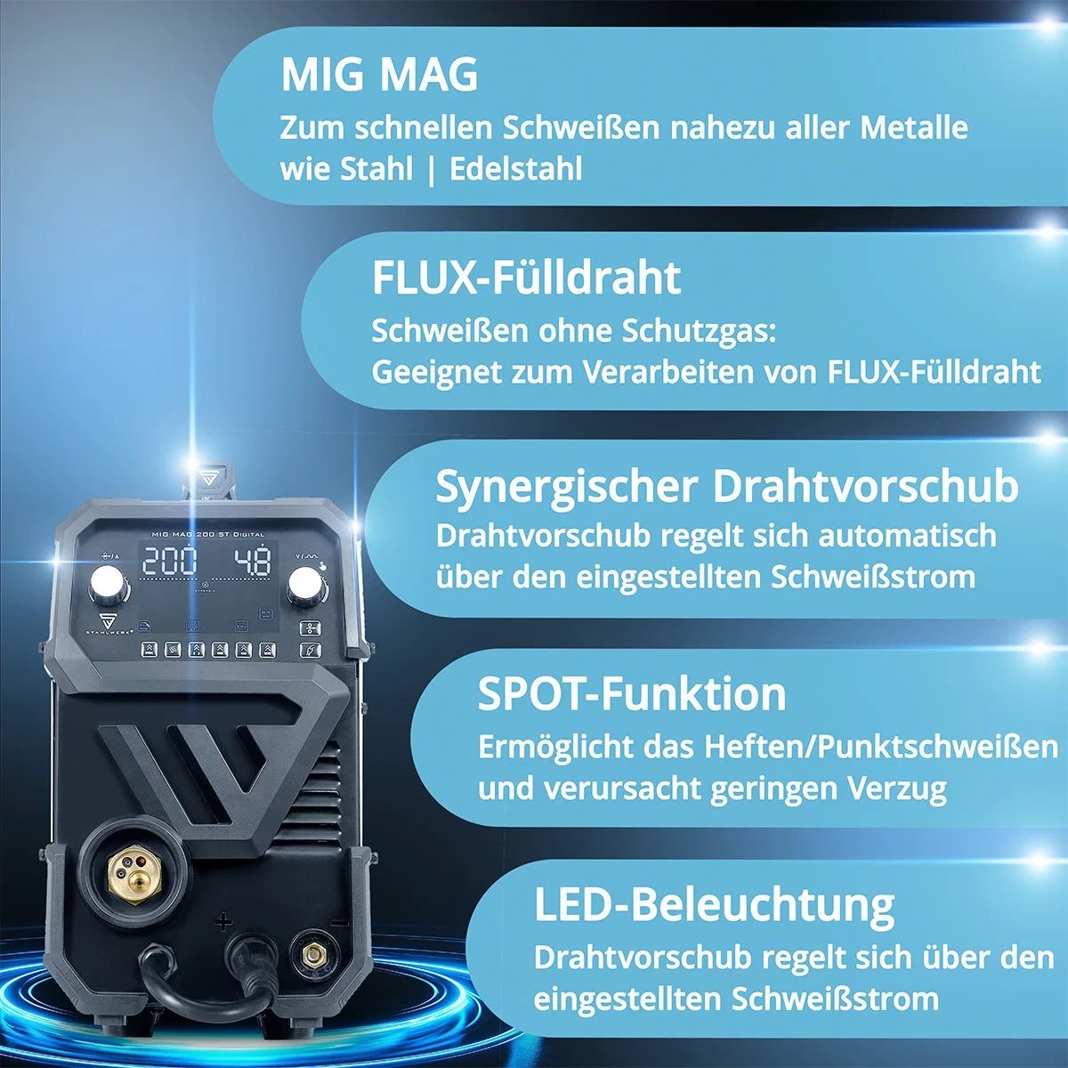 STAHLWERK Schweißgerät MIG MAG 200 ST Digital Schutzgas-Schweißgerät | Inverter mit 200 A, Spot-Funktion, synergischem Drahtvorschub, FLUX und MMA | ARC Funktion