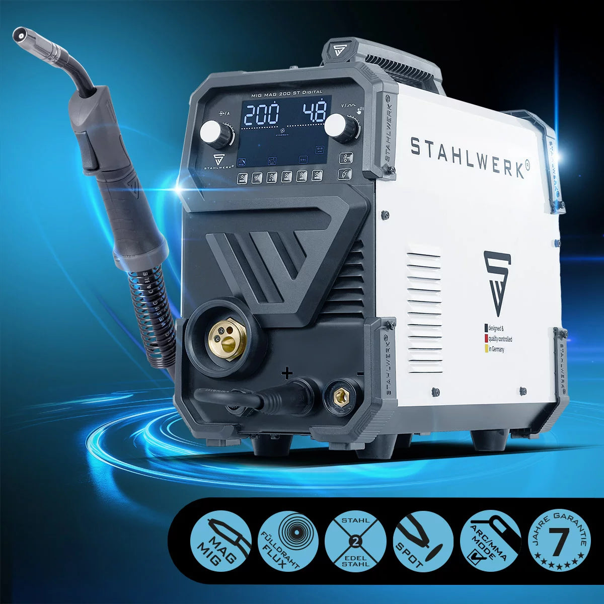 STAHLWERK Schweißgerät MIG MAG 200 ST Digital Schutzgas-Schweißgerät | Inverter mit 200 A, Spot-Funktion, synergischem Drahtvorschub, FLUX und MMA | ARC Funktion