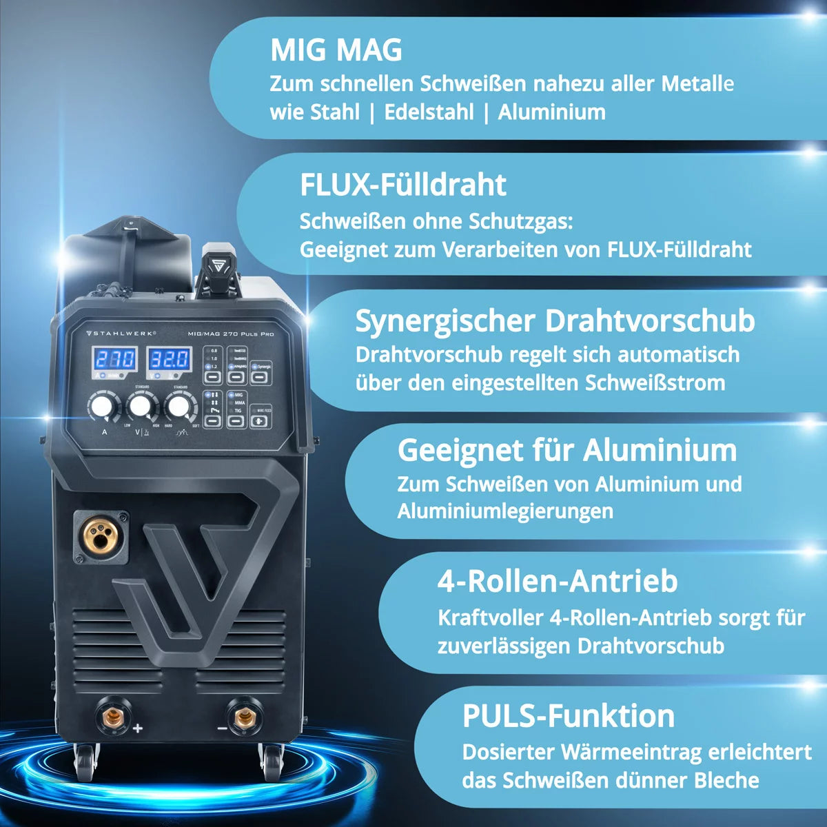 STAHLWERK welding machine MIG 270 Puls Pro | 4-in-1 inert gas welding machine with pulse function | Inverter with 270 A, spot function, synergic wire feed, 4-roller drive, FLUX, Lift TIG and MMA | ARC function | Pulse aluminum welding function