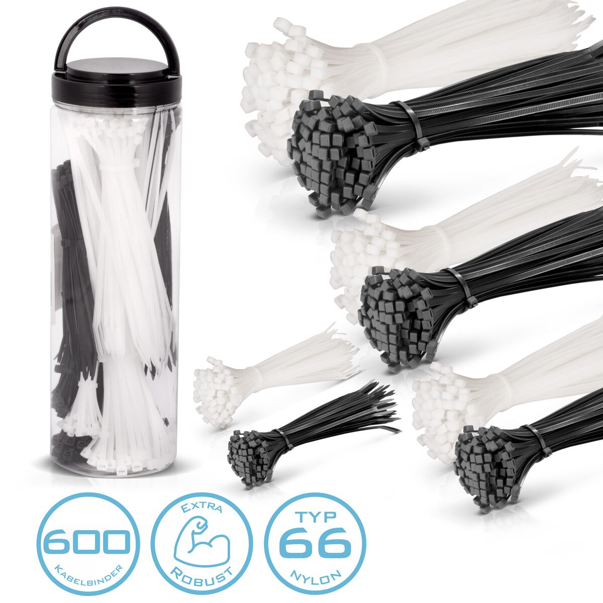STAHLWERK bridas para cables juego de 600 2,5 x 150 mm | 3,6x150mm | 3,6x200 mm | 4,8 x 300 mm en blanco y negro, correas para cables de calidad industrial, resistentes a los rayos UV, extremadamente resistentes, estables y duraderas