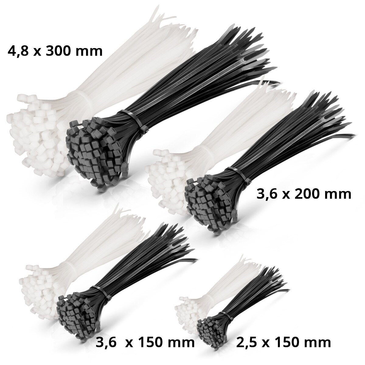 STAHLWERK bridas para cables juego de 600 2,5 x 150 mm | 3,6x150mm | 3,6x200 mm | 4,8 x 300 mm en blanco y negro, correas para cables de calidad industrial, resistentes a los rayos UV, extremadamente resistentes, estables y duraderas