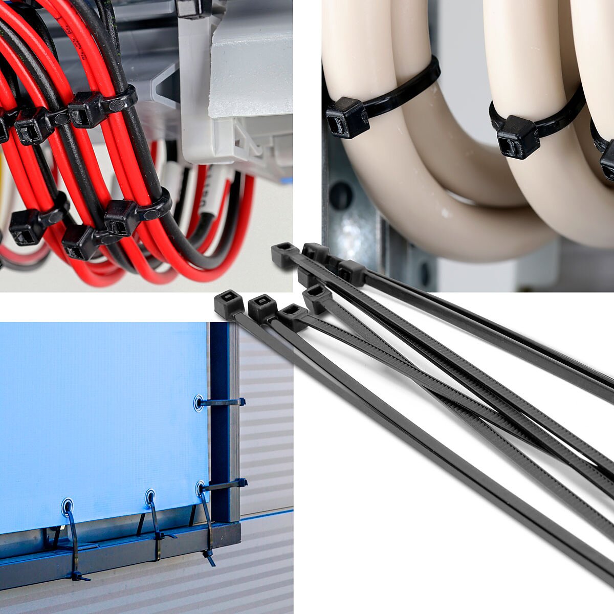 STAHLWERK bridas para cables juego de 600 2,5 x 150 mm | 3,6x150mm | 3,6x200 mm | 4,8 x 300 mm en blanco y negro, correas para cables de calidad industrial, resistentes a los rayos UV, extremadamente resistentes, estables y duraderas