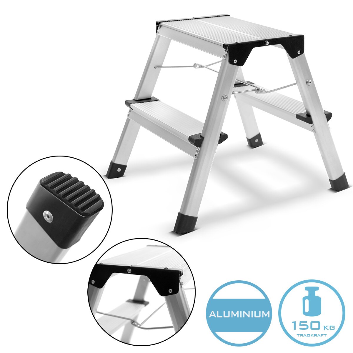 STAHLWERK step ladder TL-22 ST with 150 kg load capacity and 2 steps aluminum ladder | Folding ladder | Folding step | Multi-purpose ladder | Household Manager | Stepladder with non-slip rungs