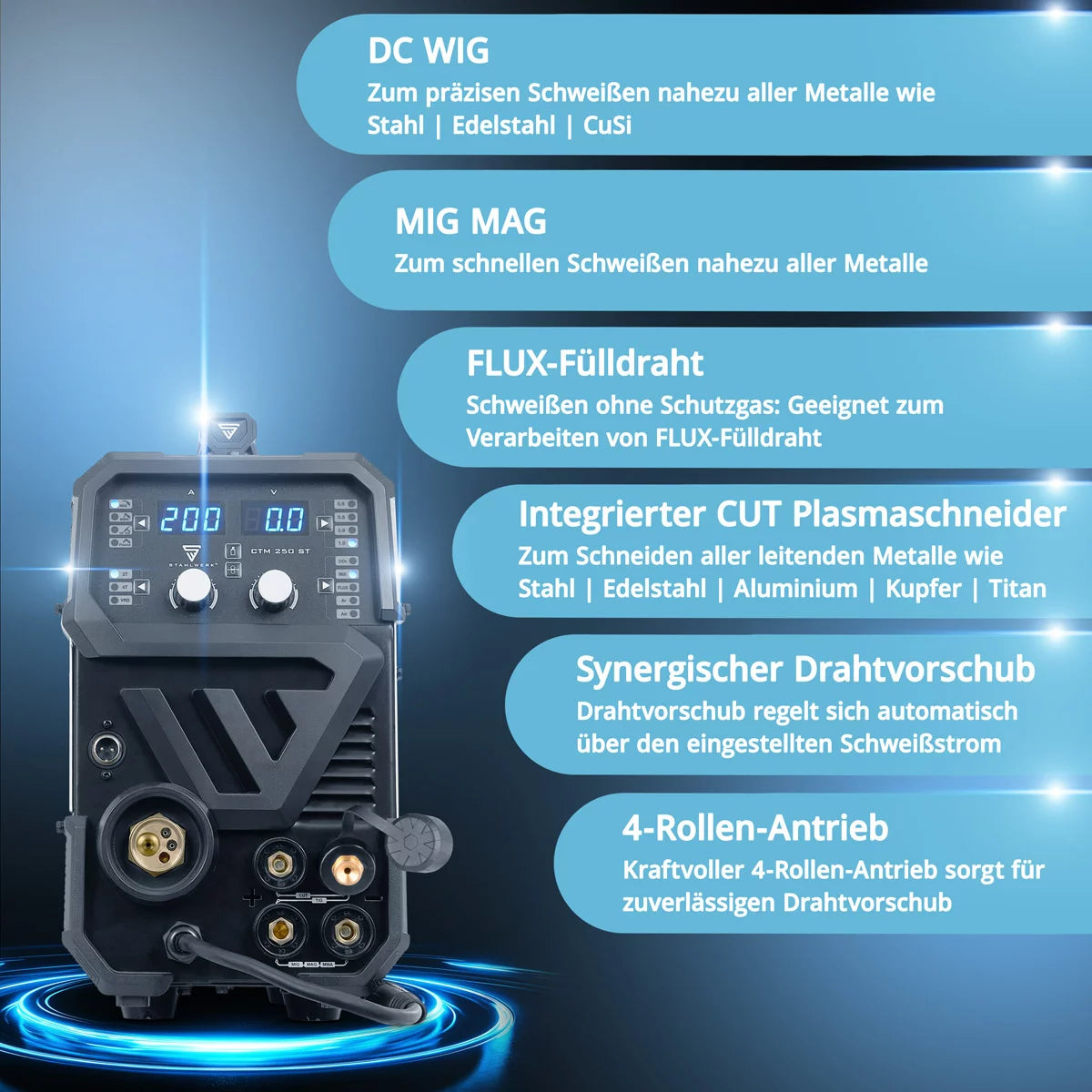 Soldadora combinada STAHLWERK CTM-250 ST totalmente equipada con función TIG + MIG/MAG + MMA/ARC + CUT/Plasma con 200 amperios y 45 amperios función plasma