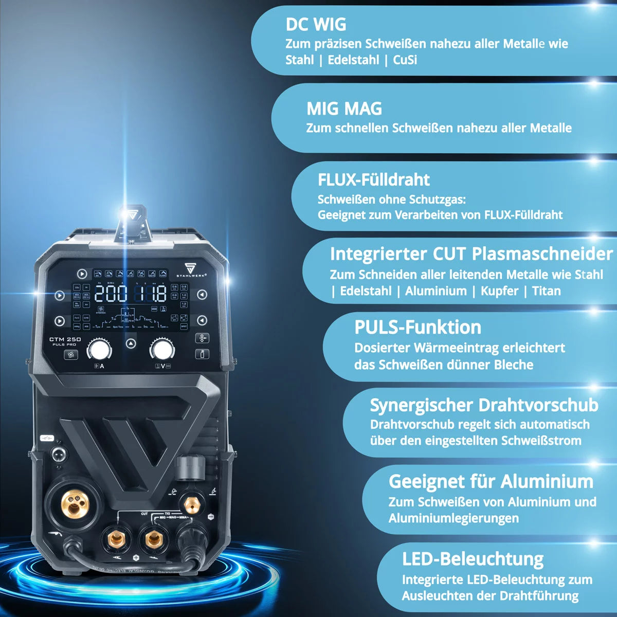 Poste à souder combiné STAHLWERK CTM-250 Puls Pro Poste à souder au gaz inerte 6 en 1 200 A | Fonction impulsion | Dévidoir synergique | Découpeur plasma 45 A intégré CUT| TIG | MIG-MAG | IMPULSION | MMA| FLUX