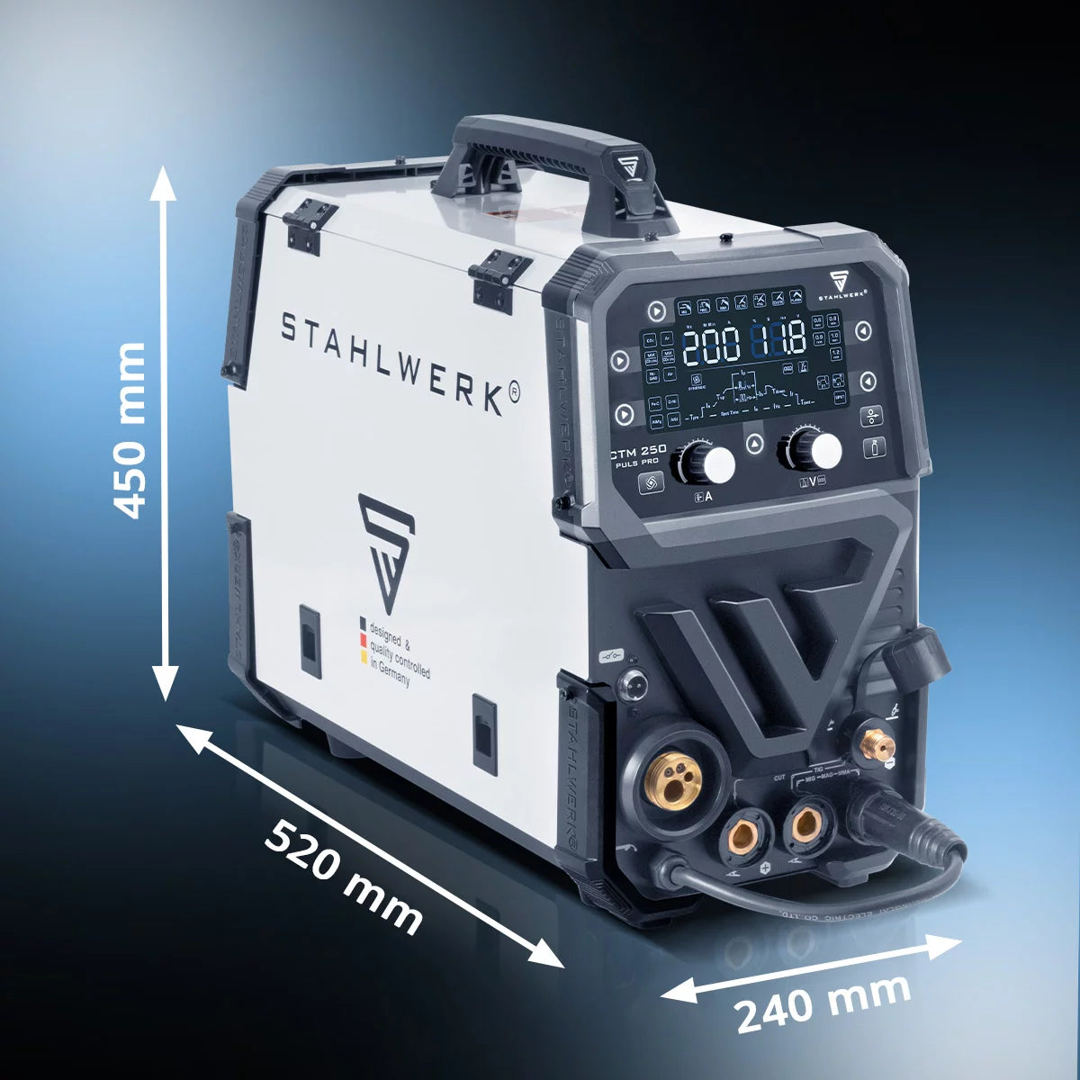 Poste à souder combiné STAHLWERK CTM-250 Puls Pro Poste à souder au gaz inerte 6 en 1 200 A | Fonction impulsion | Dévidoir synergique | Découpeur plasma 45 A intégré CUT| TIG | MIG-MAG | IMPULSION | MMA| FLUX