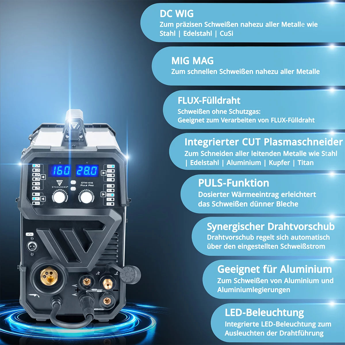 STAHLWERK welding machine CTM-416 Puls Pro fully equipped 6-in-1 inert gas welding machine | Inverter with 160 A, pulse function for aluminum and 40 A plasma cutter CUT | TIG | MIG MAG | PULSE | MMA | FLUX