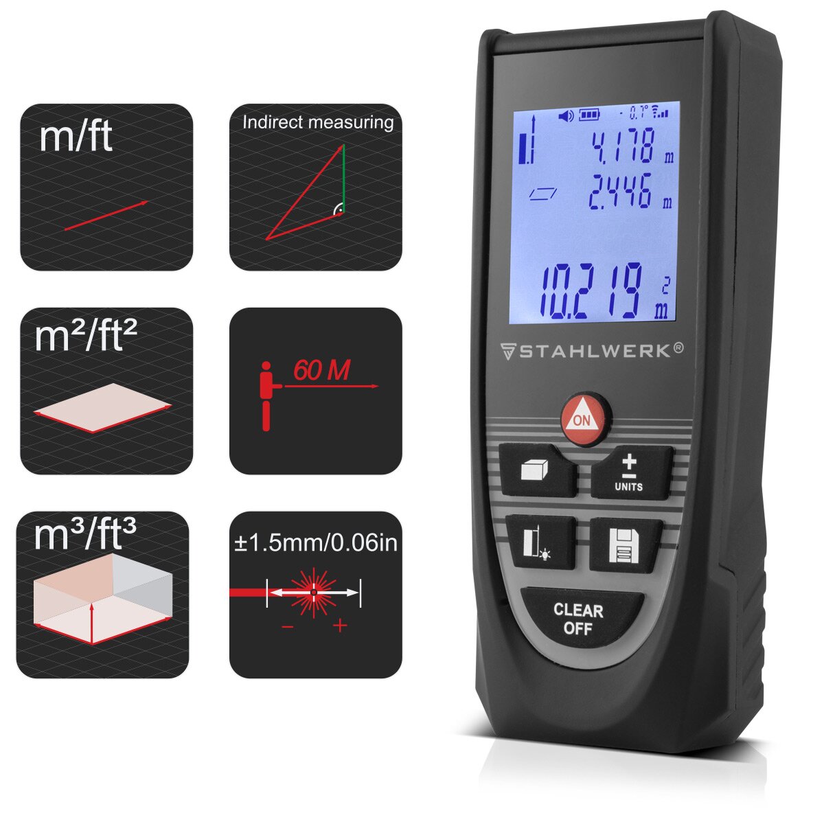 Telémetro láser STAHLWERK LE-60 ST Medidor de distancias de hasta 60 m con pantalla digital LCD iluminada, medidor de distancias y telémetros para medir distancias y volúmenes con precisión en obras o en interiores