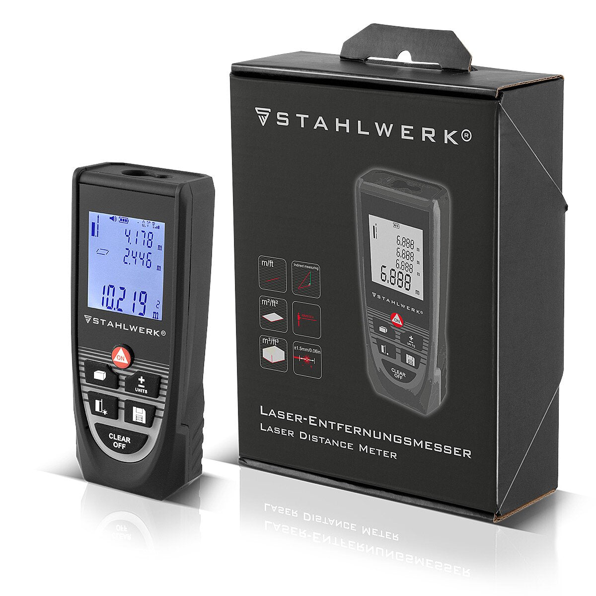 Telémetro láser STAHLWERK LE-80 ST Medidor de distancias de hasta 80 m con pantalla digital LCD iluminada, medidor de distancias y distancias para medir con precisión distancias y volúmenes en obras o en interiores