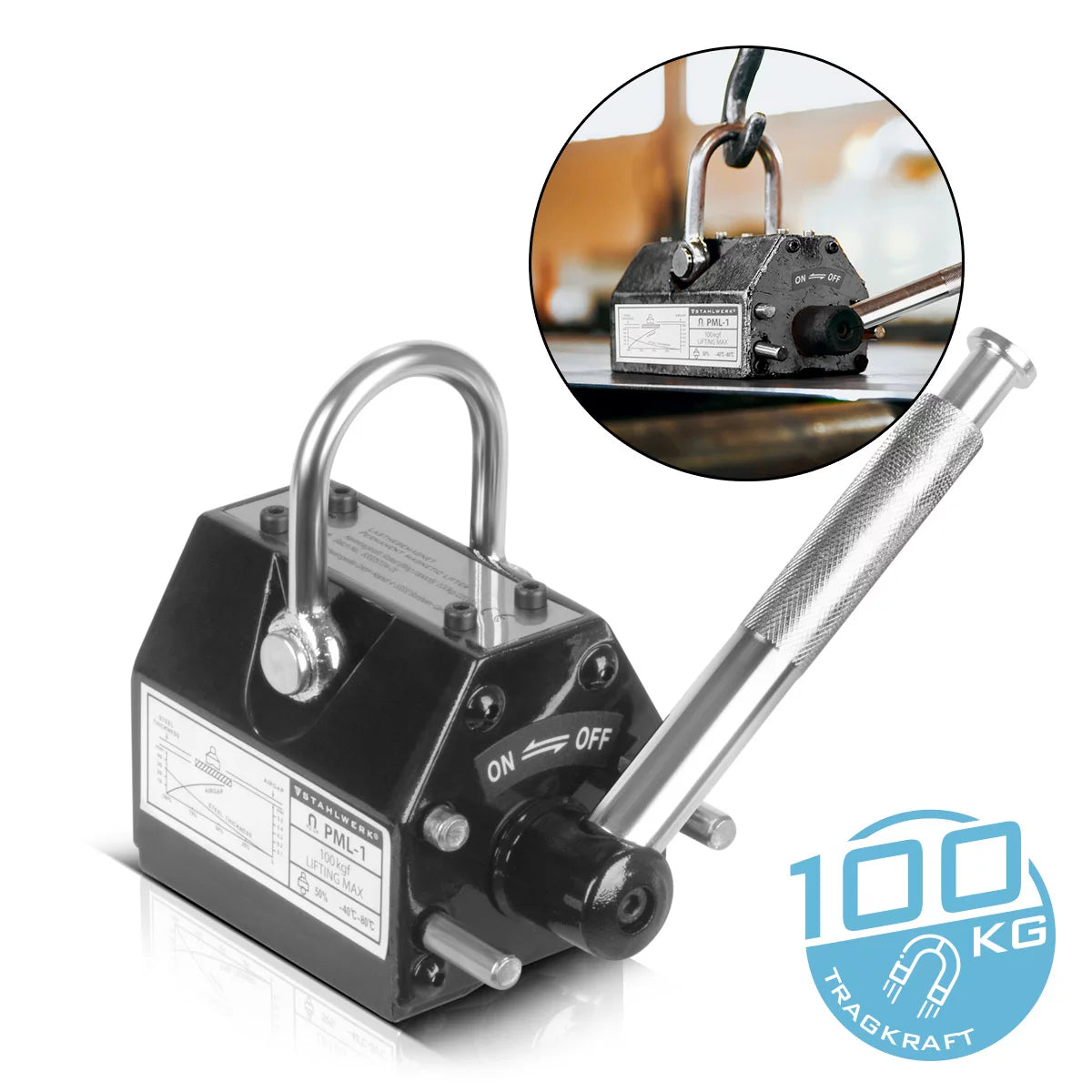 STAHLWERK lifting magnet with 100 kg / 220 lbs load capacity and 350 kg / 771 lbs pulling force hand-controlled crane magnet | Magnetic lifter | lifting magnet