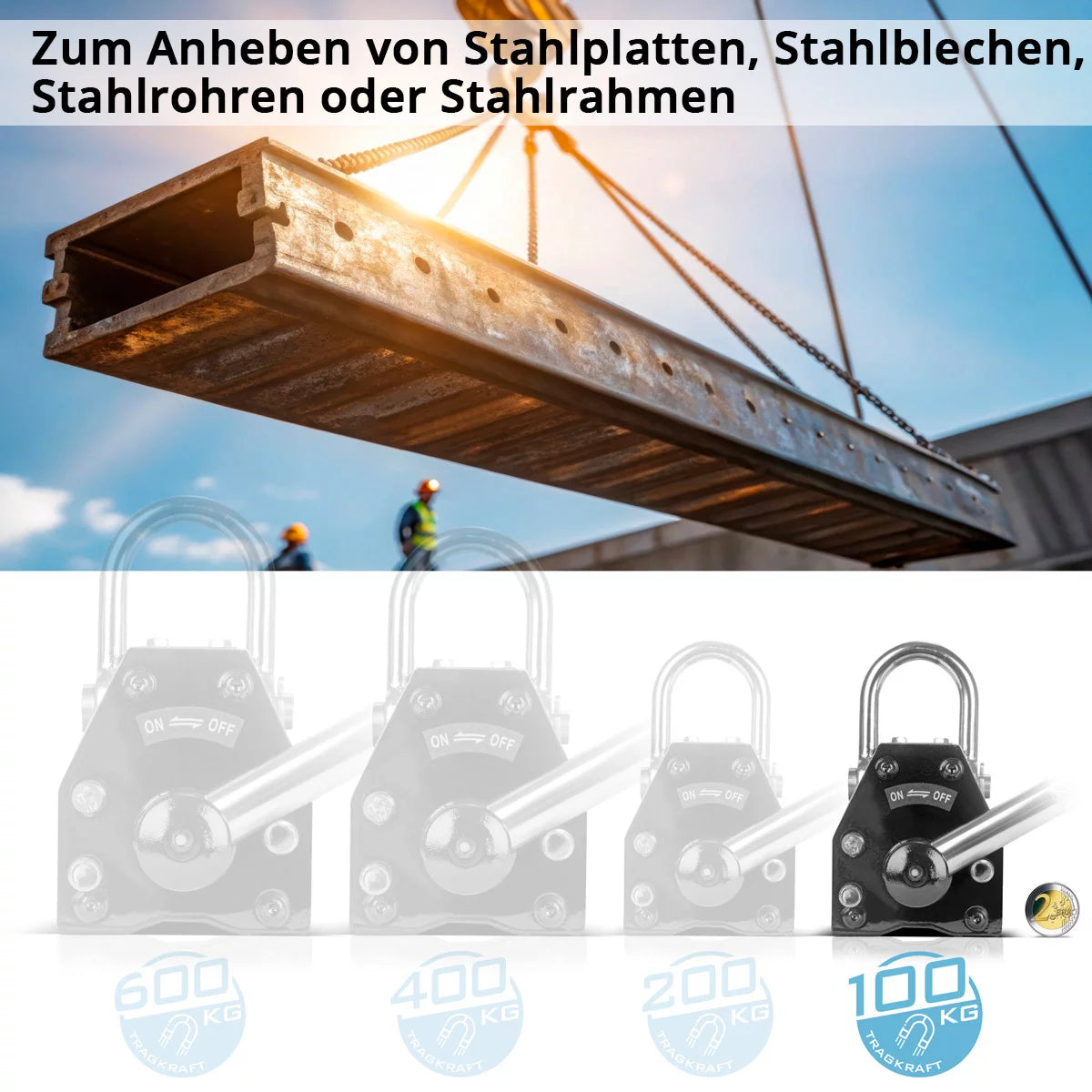 STAHLWERK lifting magnet with 100 kg / 220 lbs load capacity and 350 kg / 771 lbs pulling force hand-controlled crane magnet | Magnetic lifter | lifting magnet
