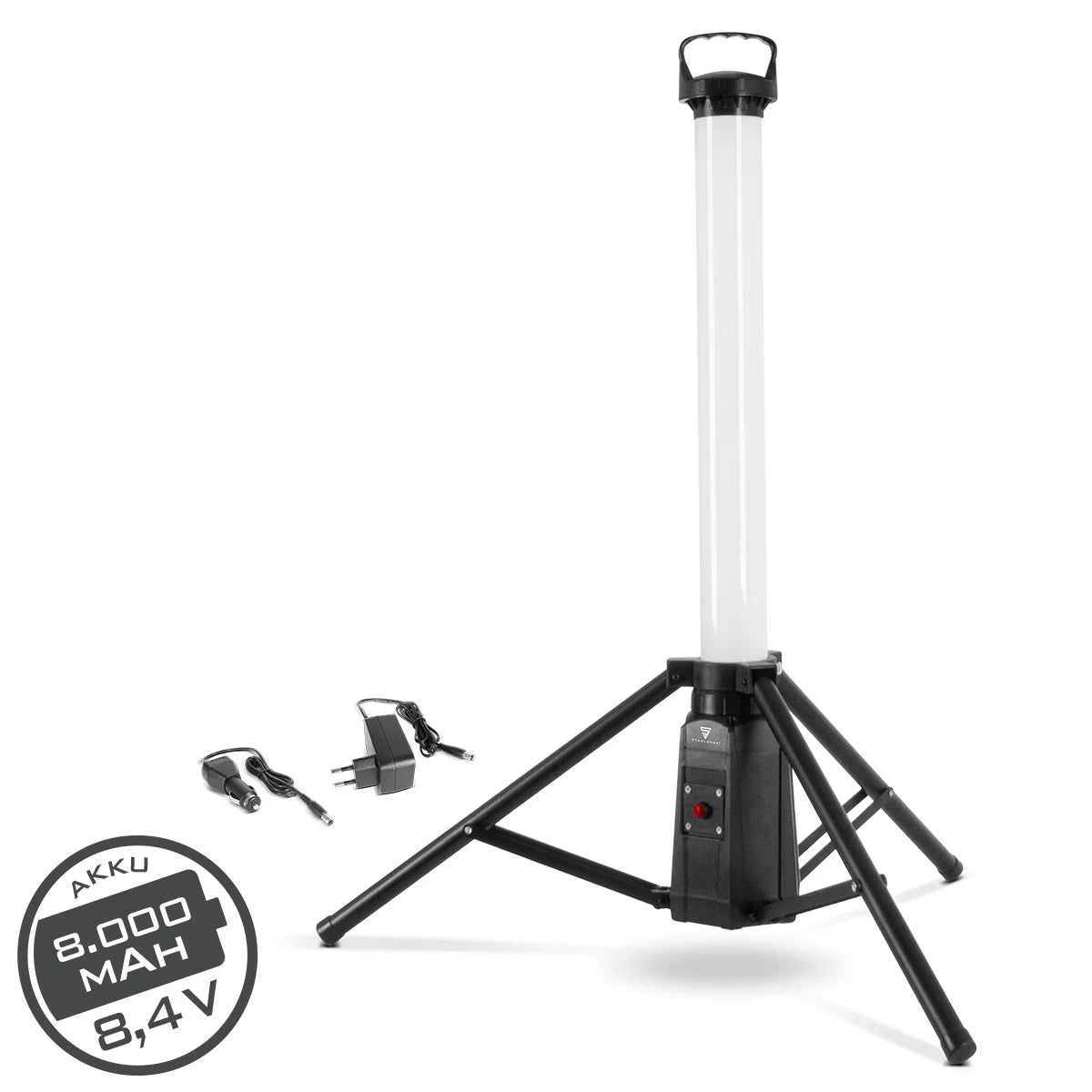 STAHLWERK 360° LED-Turm-Baustrahler TBS-30 ST | 30 Watt | 2.400 Lumen | 6.500 K Tageslichtfarbe | Li-Ion-Akku 7,4 V / 8000 mAh | IP44 | Akku-Arbeitsleuchte