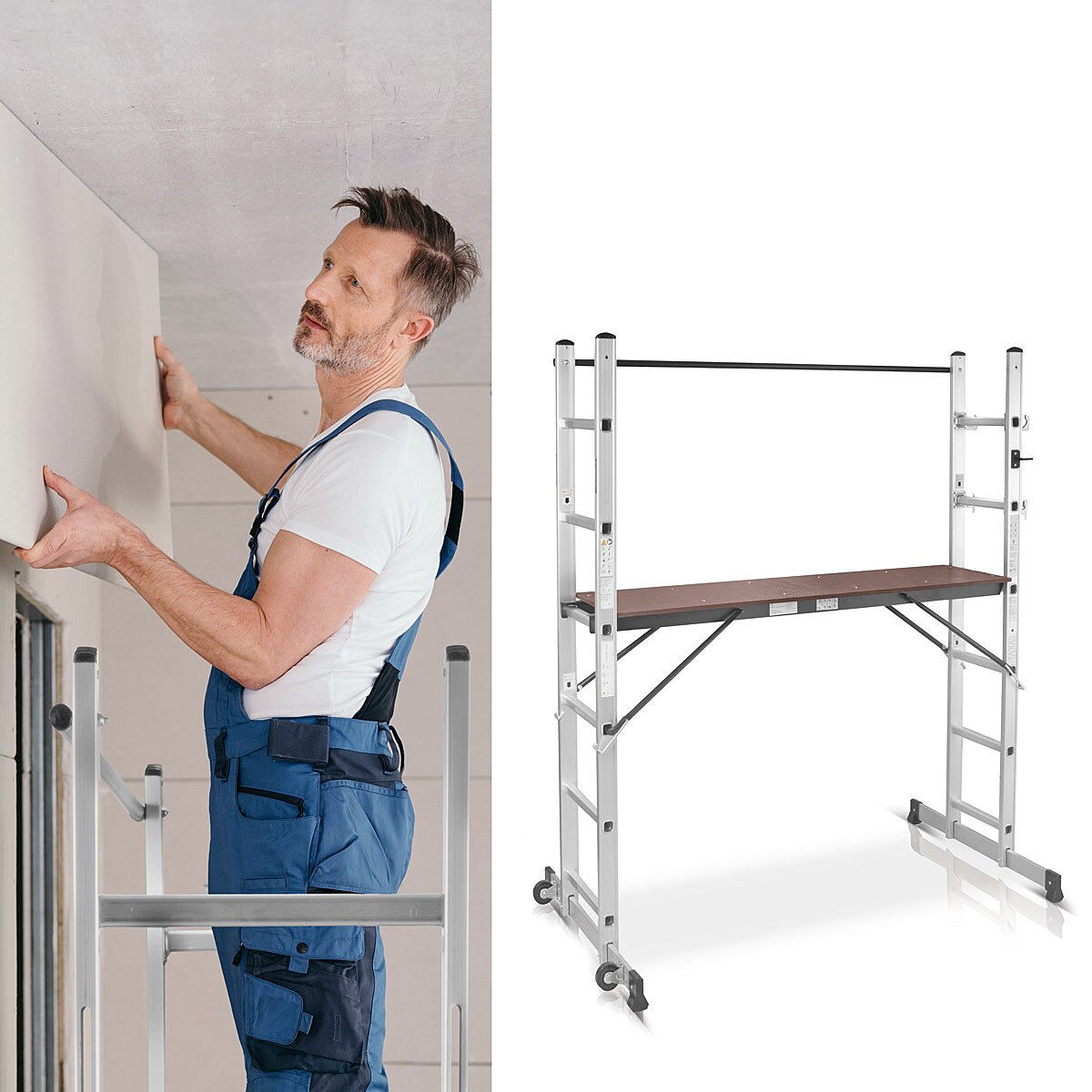 STAHLWERK Leitergerüst LG-270 ST 150 kg Tragkraft, 3 in 1 Mehrzweckleiter / Aluminium Klappleiter / Arbeitsgerüst / Arbeitsplattform / Gerüst mit rutschfesten Sprossen inklusive 7 Jahre Hersteller-Garantie