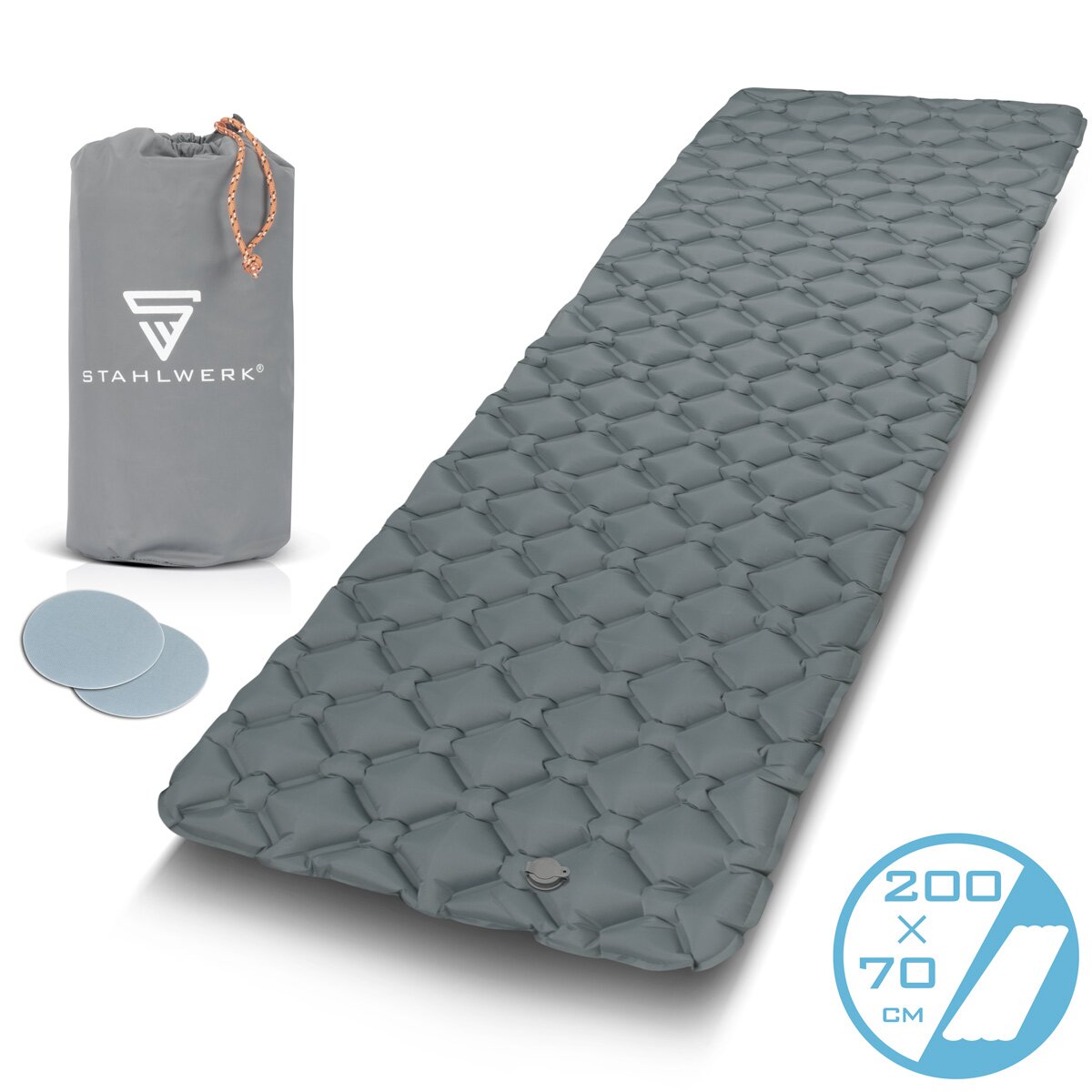 Colchón de aire STAHLWERK LM-70 ST 200 x 70 cm cama de aire inflable | Colchón de camping | colchoneta para dormir | Colchoneta para dormir | Colchón de viaje con bolsa de transporte para camping y exteriores.