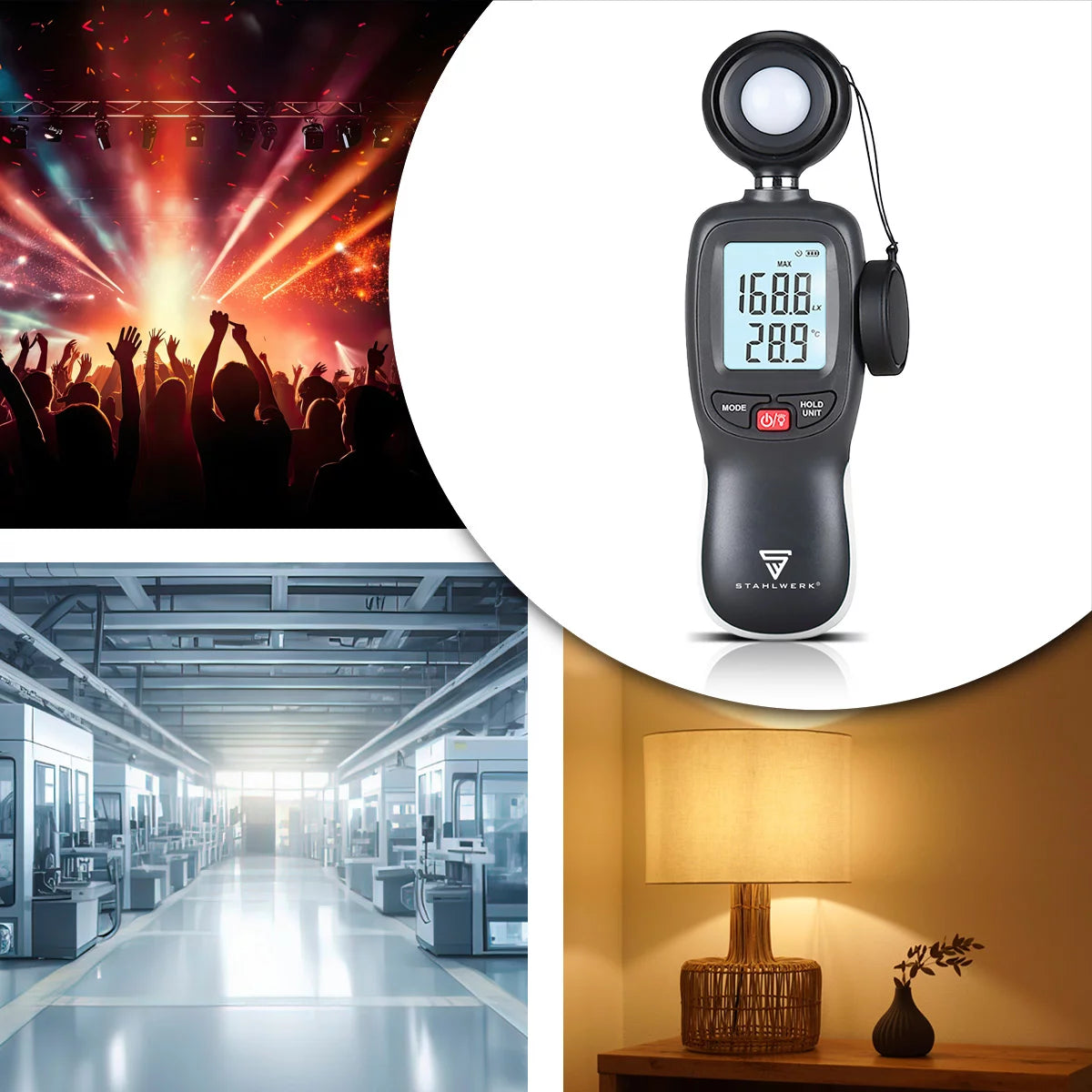 Luxómetro digital STAHLWERK | Luxómetro preciso y medidor de iluminación | Medición profesional de la intensidad de la luz | Para mediciones de luz en fotografía, en habitaciones o en el lugar de trabajo
