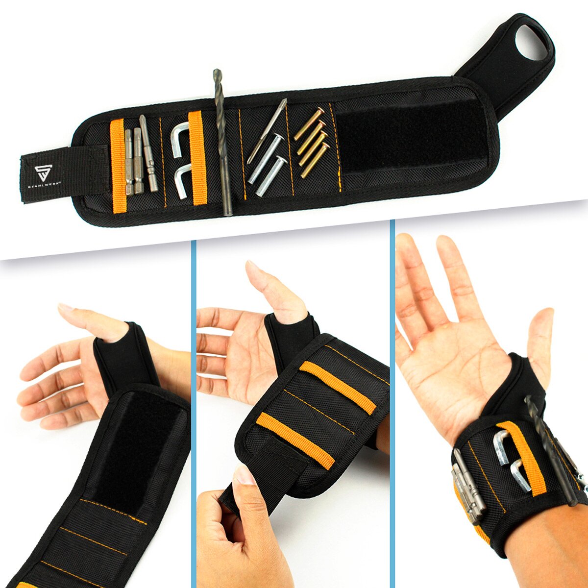STAHLWERK Magnet-Armband 2er Set für Heim- und Handwerker | Magnetisches Armband mit Klettverschluss zur Befestigung am Handgelenk oder Gürtel für Schrauben, Nägel, Bits und magnetische Kleinteile
