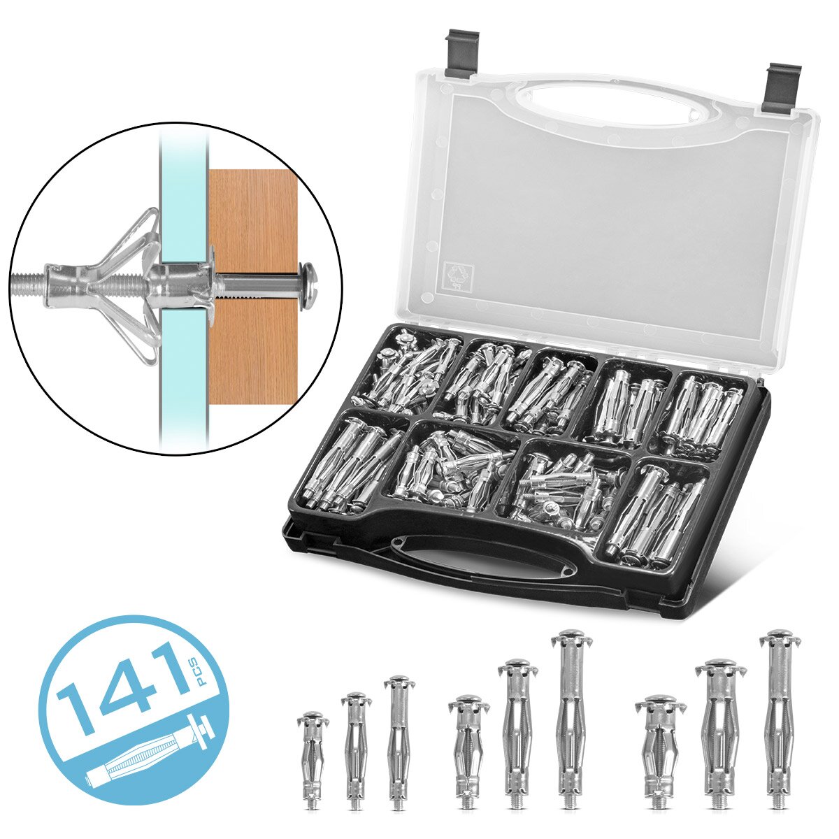 STAHLWERK Metall-Hohlraumdübel 141-teiliges Set M4 x 32 | M4 x 38 | M4 x 46 | M5 x 37 | M5 x 52 | M5 x 65 | M6 x 37 | M6 x 52 | M6 x 65 Metalldübel mit vormontierten Schrauben für Trockenbau-Arbeiten