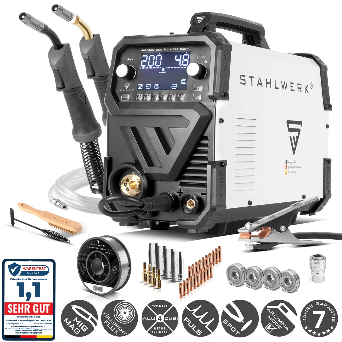 STAHLWERK MIG MAG 200 Spot Puls Pro Digital Aluminum Set | Inert gas welding machine | IGBT inverter 200 A | Synergic wire feeder | 4-roller drive, FLUX, Lift-TIG, MMA, CuSi, MIG-Pulse for aluminum