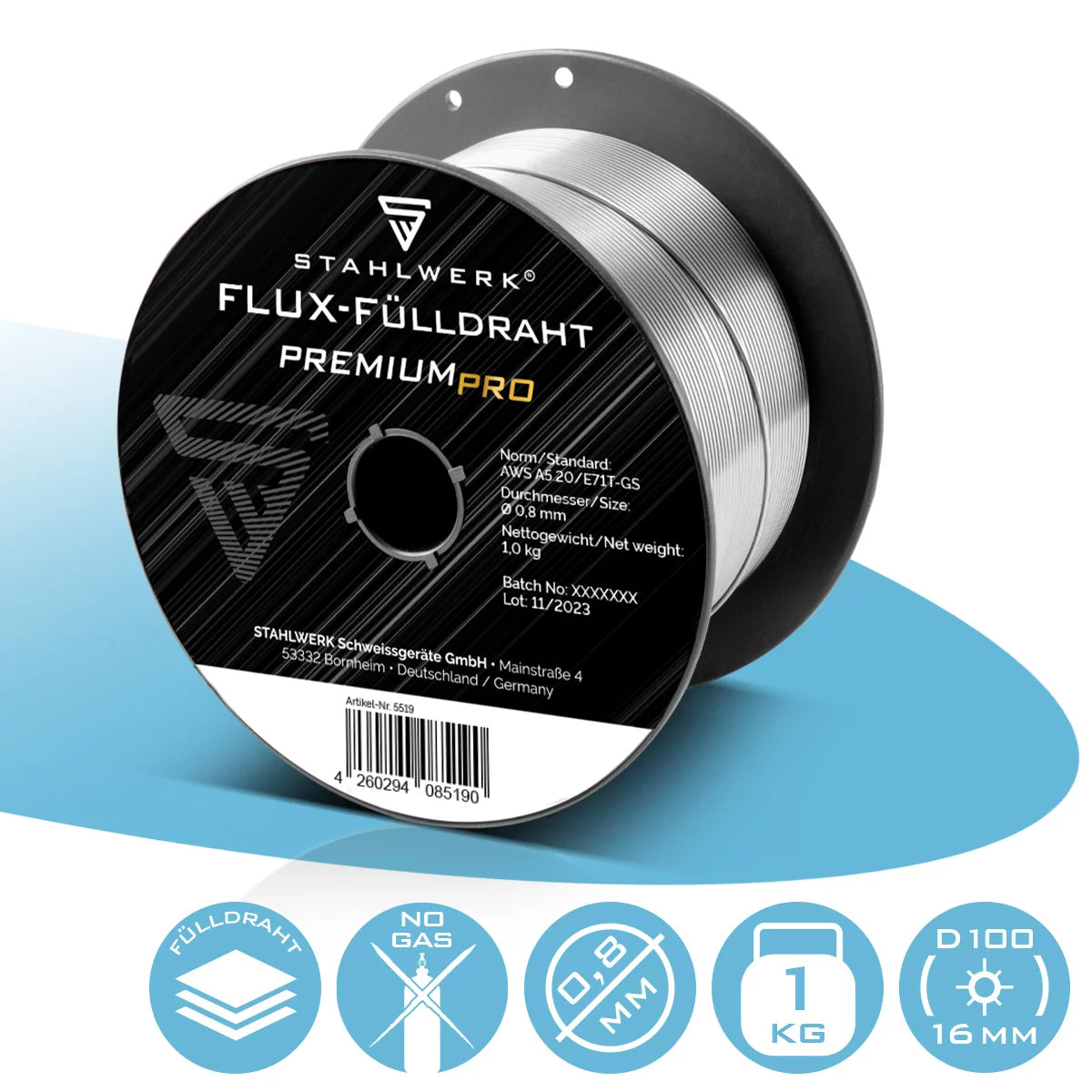 Filo per saldatura premium STAHLWERK MIG MAG - filo animato E71T-GS Ø 0,8 mm Rotolo di filo S100/D100 con 1 kg / filo animato