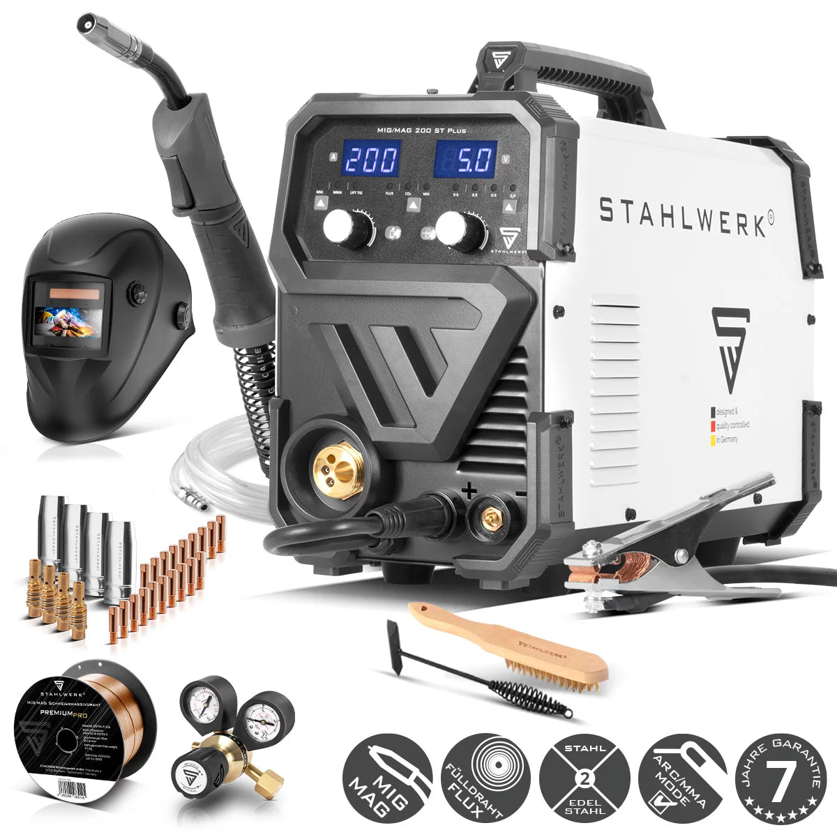 Saldatrice STAHLWERK MIG MAG 200 ST PLUS attrezzatura completa saldatrice a gas inerte | Inverter IGBT da 200 A, trainafilo sinergico, FLUX, Lift-TIG e MMA | Funzione ARCO