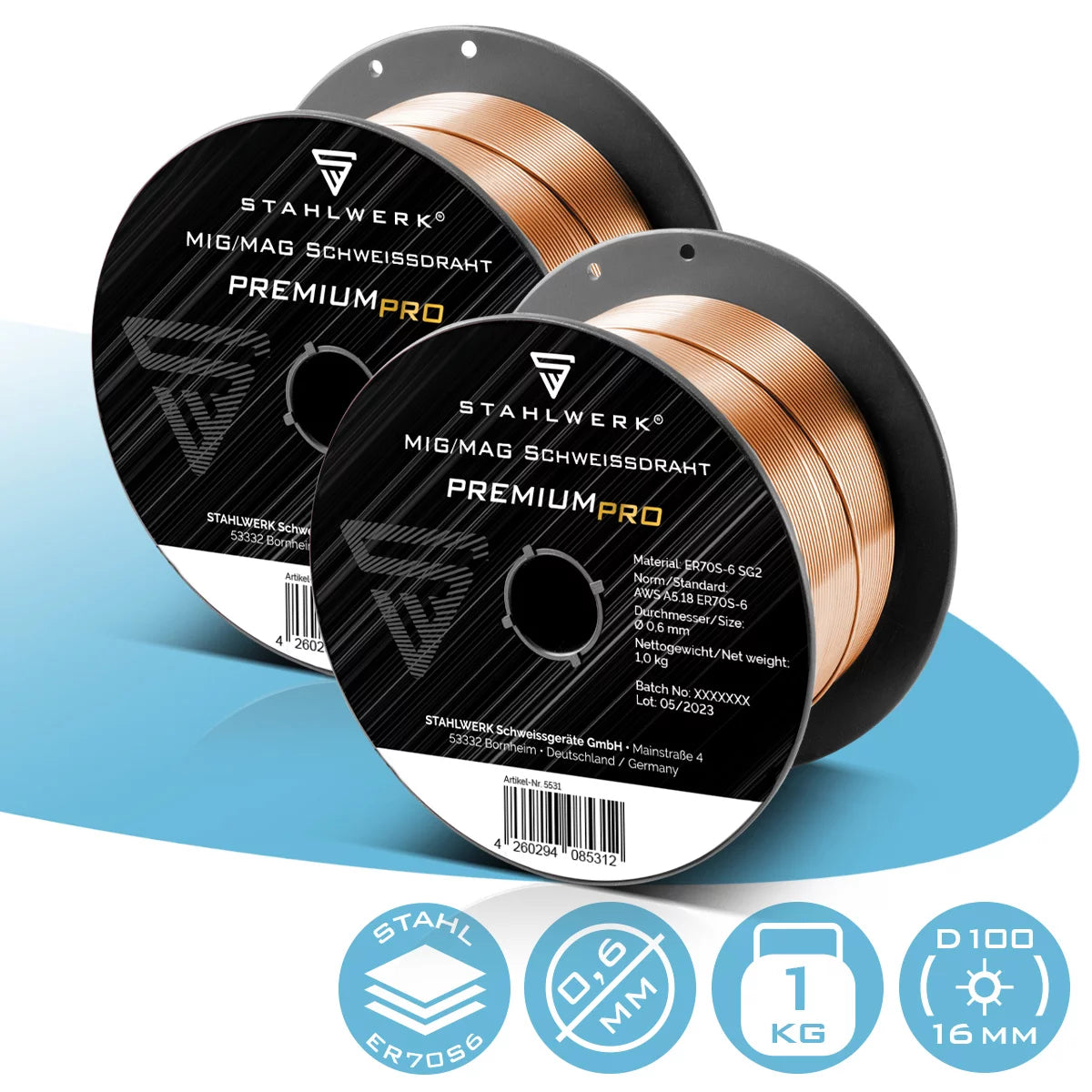 STAHLWERK set of 2 MIG MAG welding wire ER70S-6 SG2 Ø 0.6 mm S100/D100 wire roll 1 kg