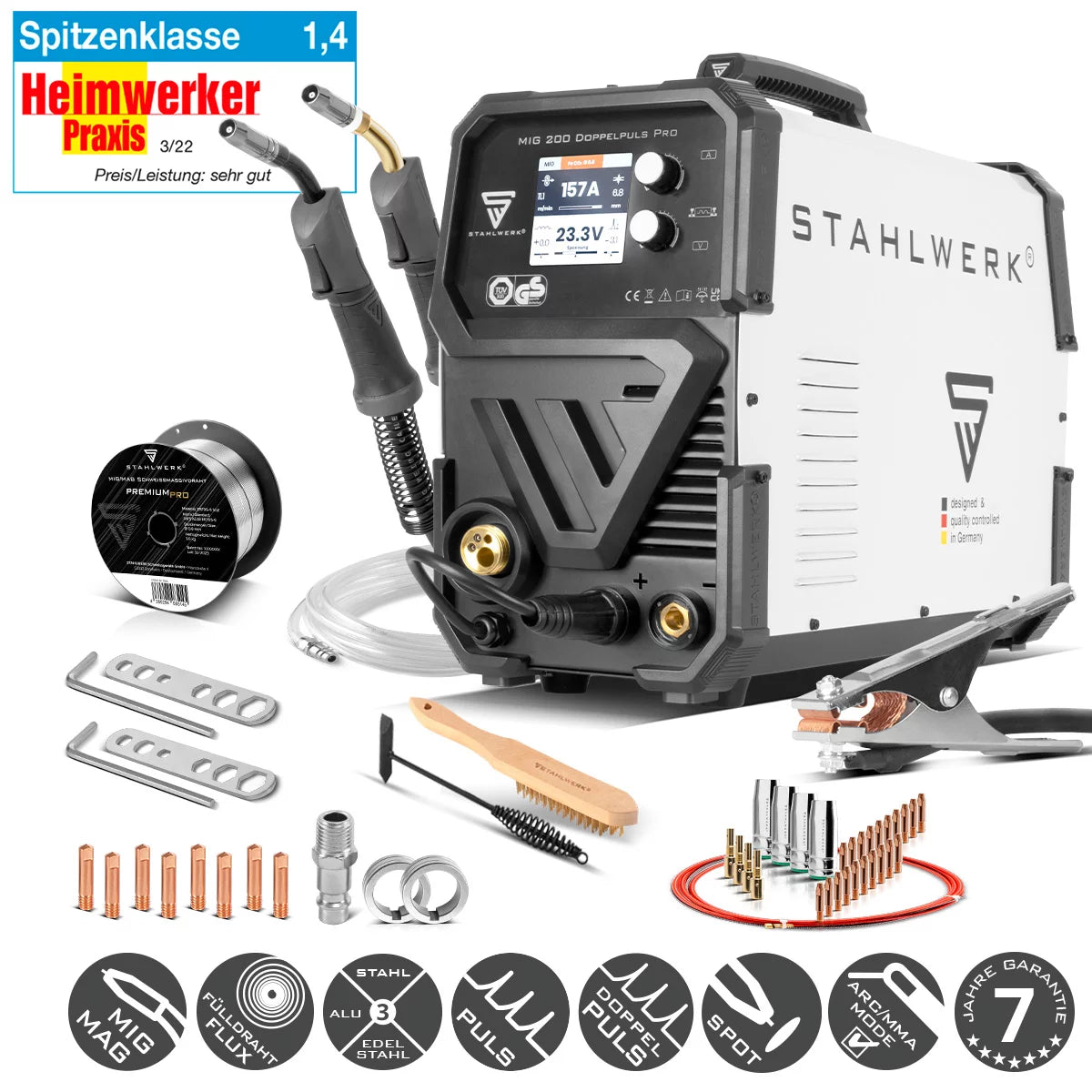 Saldatrice STAHLWERK MIG MAG 200 double pulsate Pro completamente sinergica con torcia per saldatura di alluminio AK25/MB25 e set di parti soggette ad usura per la saldatura dell'alluminio