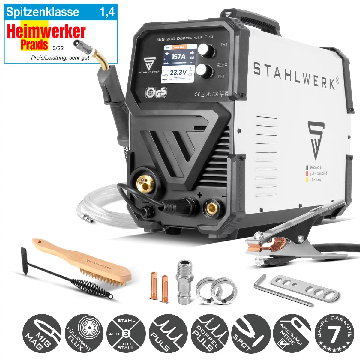 STAHLWERK MIG MAG 200 double pulse Pro fully synergic welding machine with 200 amps and AK25/MB25 welding torch, steel, stainless steel, aluminum, cored wire