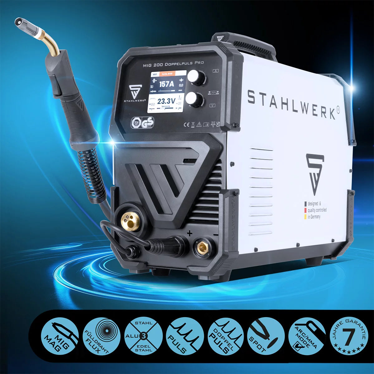 STAHLWERK MIG MAG 200 double pulse Pro fully synergic welding machine with 200 amps and AK25/MB25 welding torch, steel, stainless steel, aluminum, cored wire