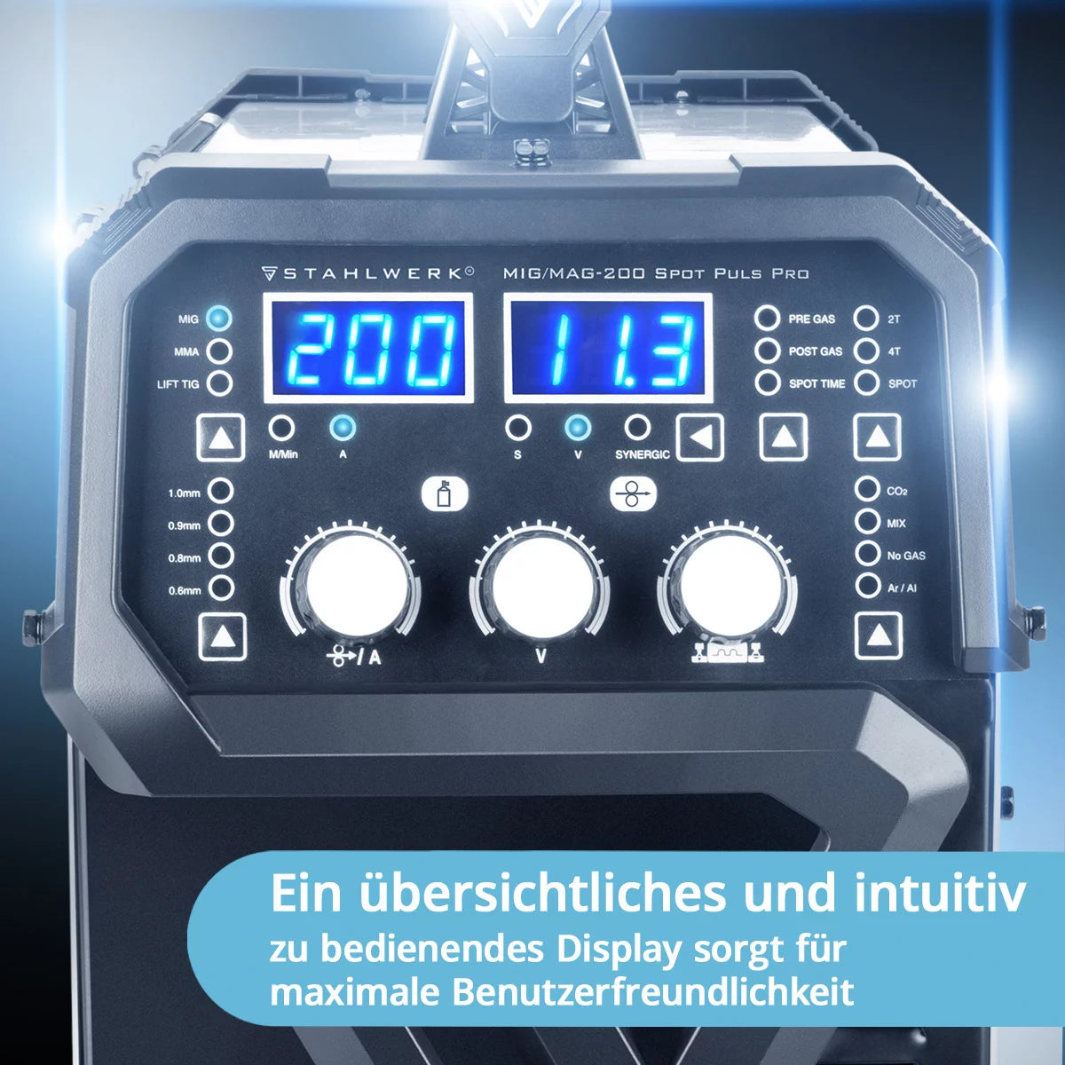 STAHLWERK welding machine MIG MAG 200 Spot Puls Pro, fully synergic IGBT inverter, 5 in 1 combination device with spot function and 200 amps, aluminum | cored wire | MIG MAG | ARC MMA | Lift TIG | pulse