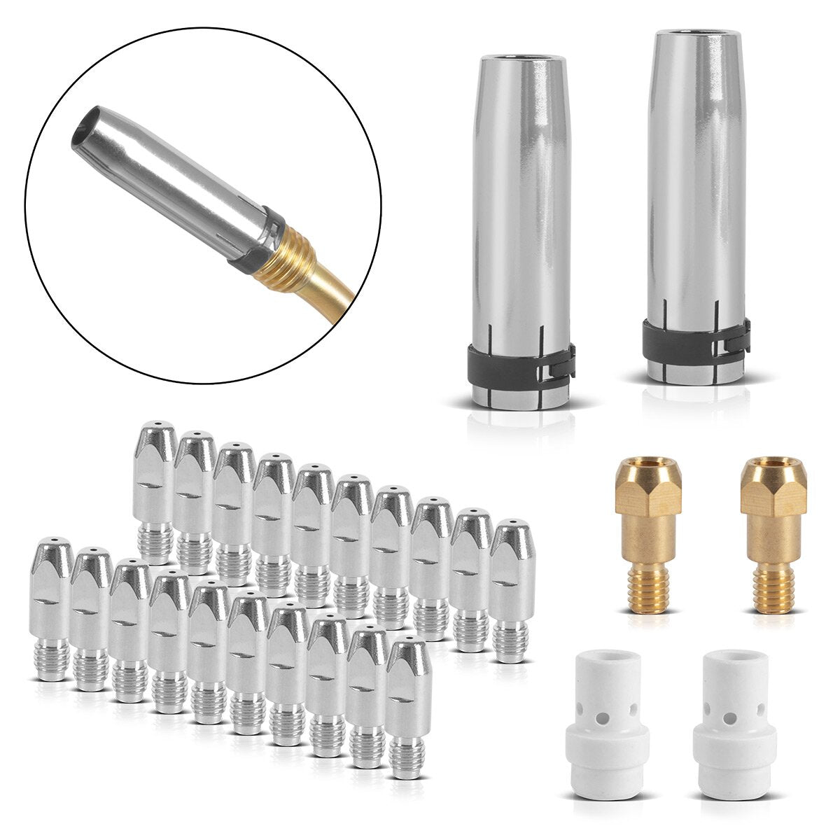 STAHLWERK MIG MAG AK36 | MB36 Premium-Verschleißteile-Set 26-teiliges Schweißzubehör mit Gasdüsen, Stromdüsen, Düsenträger und Keramik-Diffusor für MIG MAG Schweißbrenner