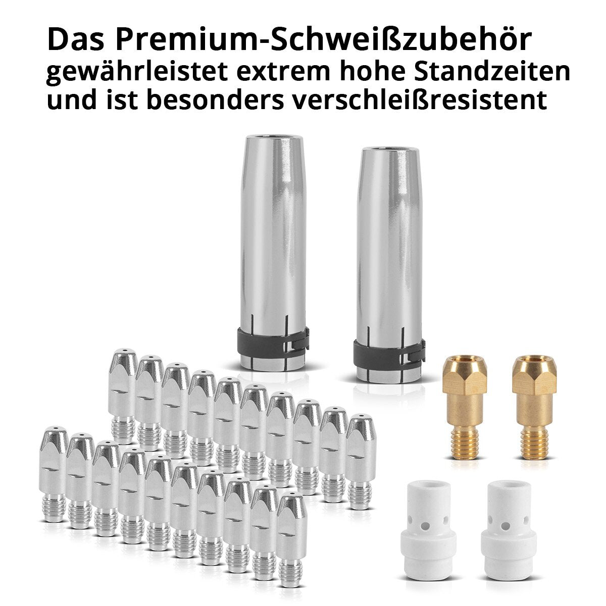 STAHLWERK MIG MAG AK36 | MB36 Premium-Verschleißteile-Set 26-teiliges Schweißzubehör mit Gasdüsen, Stromdüsen, Düsenträger und Keramik-Diffusor für MIG MAG Schweißbrenner