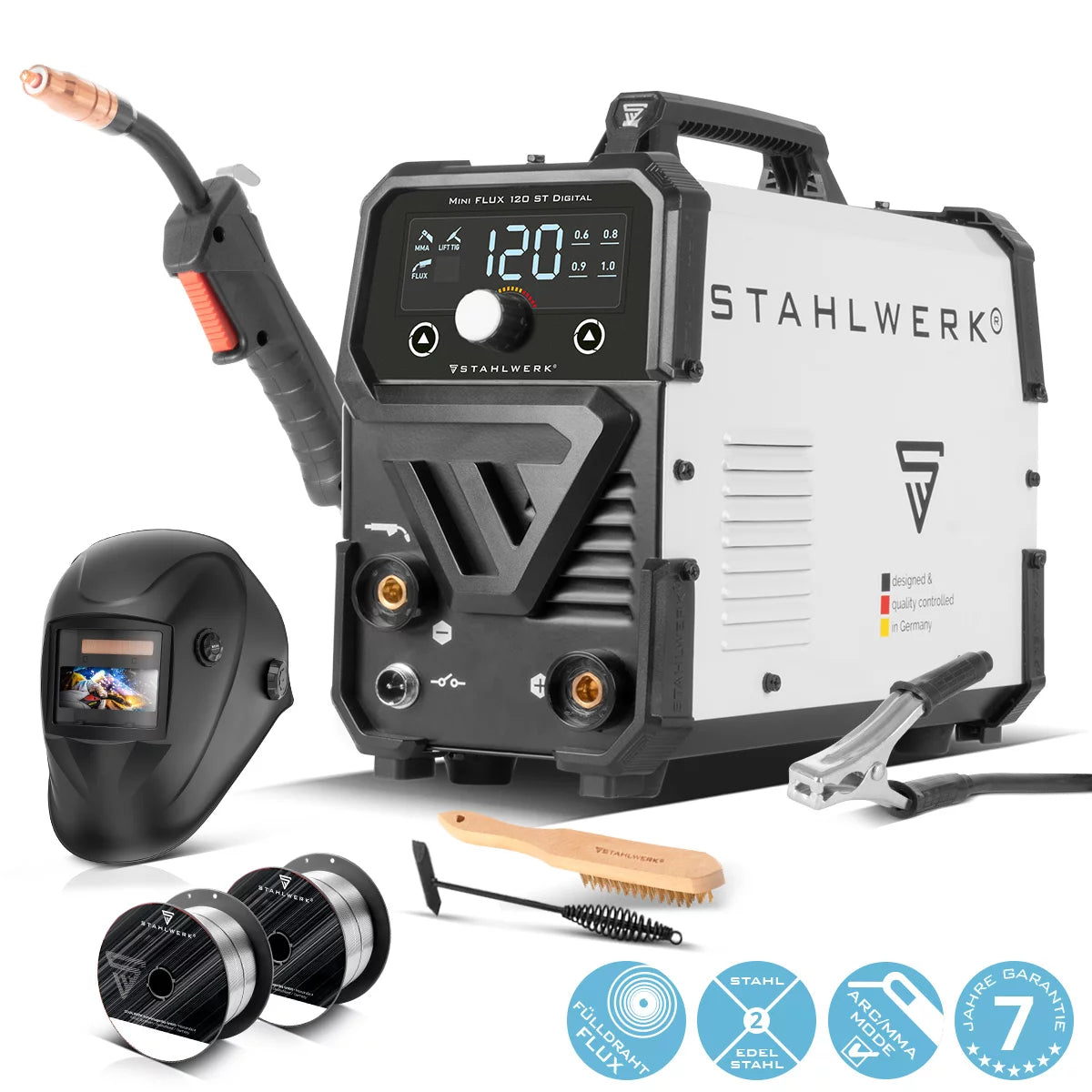 STAHLWERK Schweißgerät Mini FLUX 120 ST Digital mit 120 A Vollausstattung, synergischem Drahtvorschub, Lift-TIG und ARC/MMA Funktion zum Schweißen ohne Schutzgas