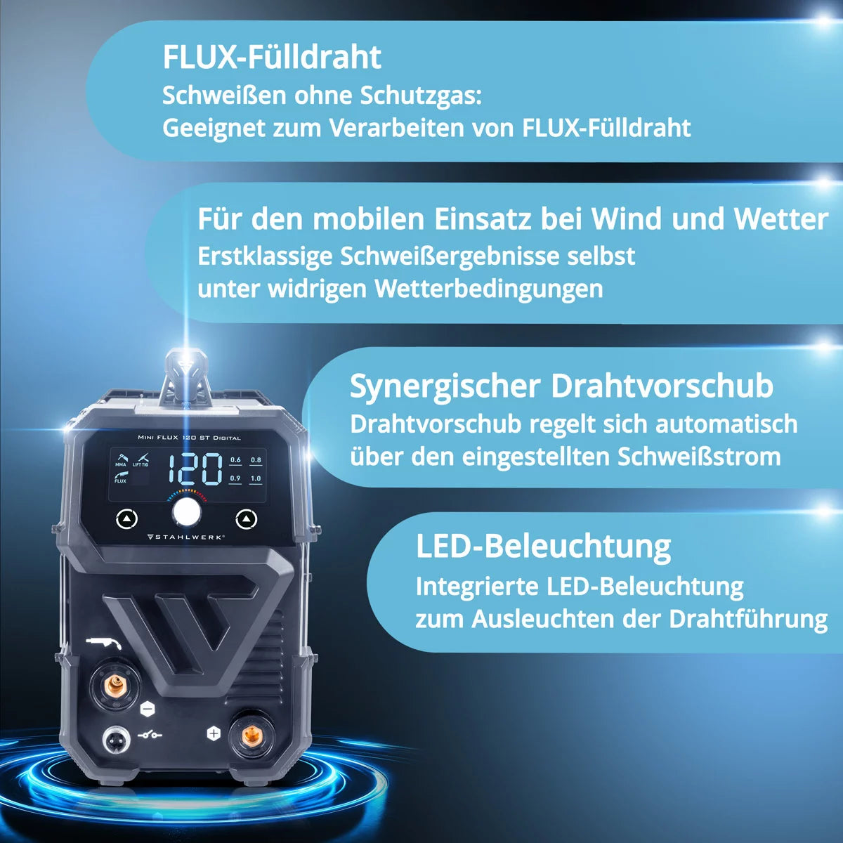 STAHLWERK Schweißgerät Mini FLUX 120 ST Digital mit 120 A Vollausstattung, synergischem Drahtvorschub, Lift-TIG und ARC/MMA Funktion zum Schweißen ohne Schutzgas
