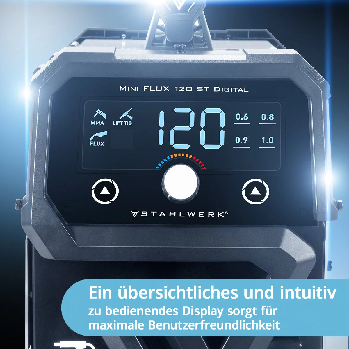 STAHLWERK Schweißgerät Mini FLUX 120 ST Digital | 120 Ampere | Synergischer Drahtvorschub | Lift-TIG geeignet | Fülldrahtschweißen | ARC/MMA Funktion zum einfachen Schweißen ohne Schutzgas mit Fülldraht