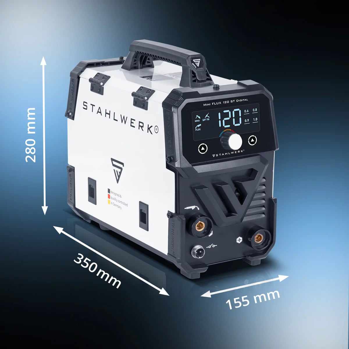 STAHLWERK Schweißgerät Mini FLUX 120 ST Digital | 120 Ampere | Synergischer Drahtvorschub | Lift-TIG geeignet | Fülldrahtschweißen | ARC/MMA Funktion zum einfachen Schweißen ohne Schutzgas mit Fülldraht