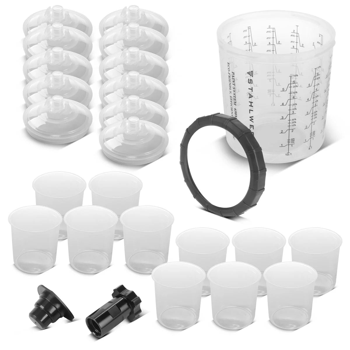 Jeu de gobelets mélangeurs STAHLWERK 25 pièces à utiliser sur les pistolets à peinture | Tasse de mélange de peinture | Tasse de mélange de couleurs | Gobelet doseur jetable de 650 ml pour mélanger et appliquer les peintures