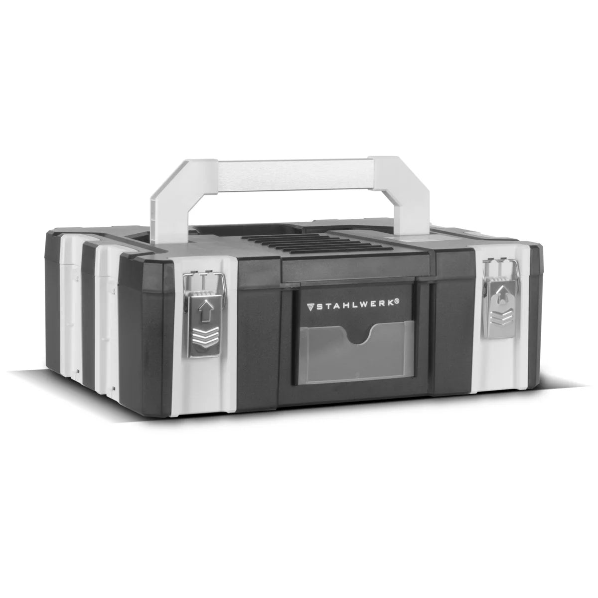 STAHLWERK Toolbox Set | 3 stapelbare Werkzeugkisten | Mobiler Werkzeug-Organizer mit Schubfach und Rollbrett | Flexibles Modul-System mit robusten Sortimentsboxen | Werkzeugtrolley