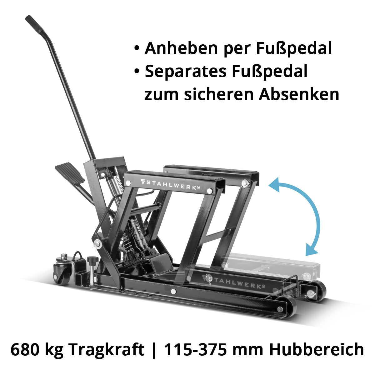 STAHLWERK Motorrad-Hebebühne MLT-680 ST mit 680 kg Tragkraft und 115-375 mm Hubbereich Hydraulischer Motorrad-Heber | Motorrad-Lift | Motorrad-Montageständer zur Reparatur und Wartung von Motorrädern