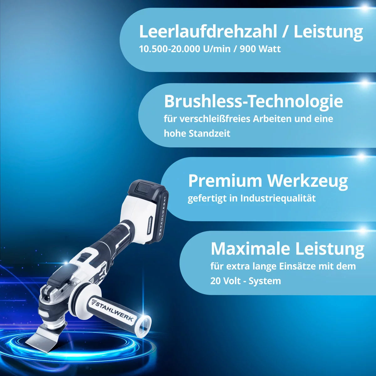 STAHLWERK Oszillierendes Akku Multifunktionswerkzeug OMTB-20 ST mit 900 Watt, 10.500-20.000 U/min und 20 V Akku-System, Deltaschleifer / Oszillationswerkzeug / Multicutter mit Brushless Technologie