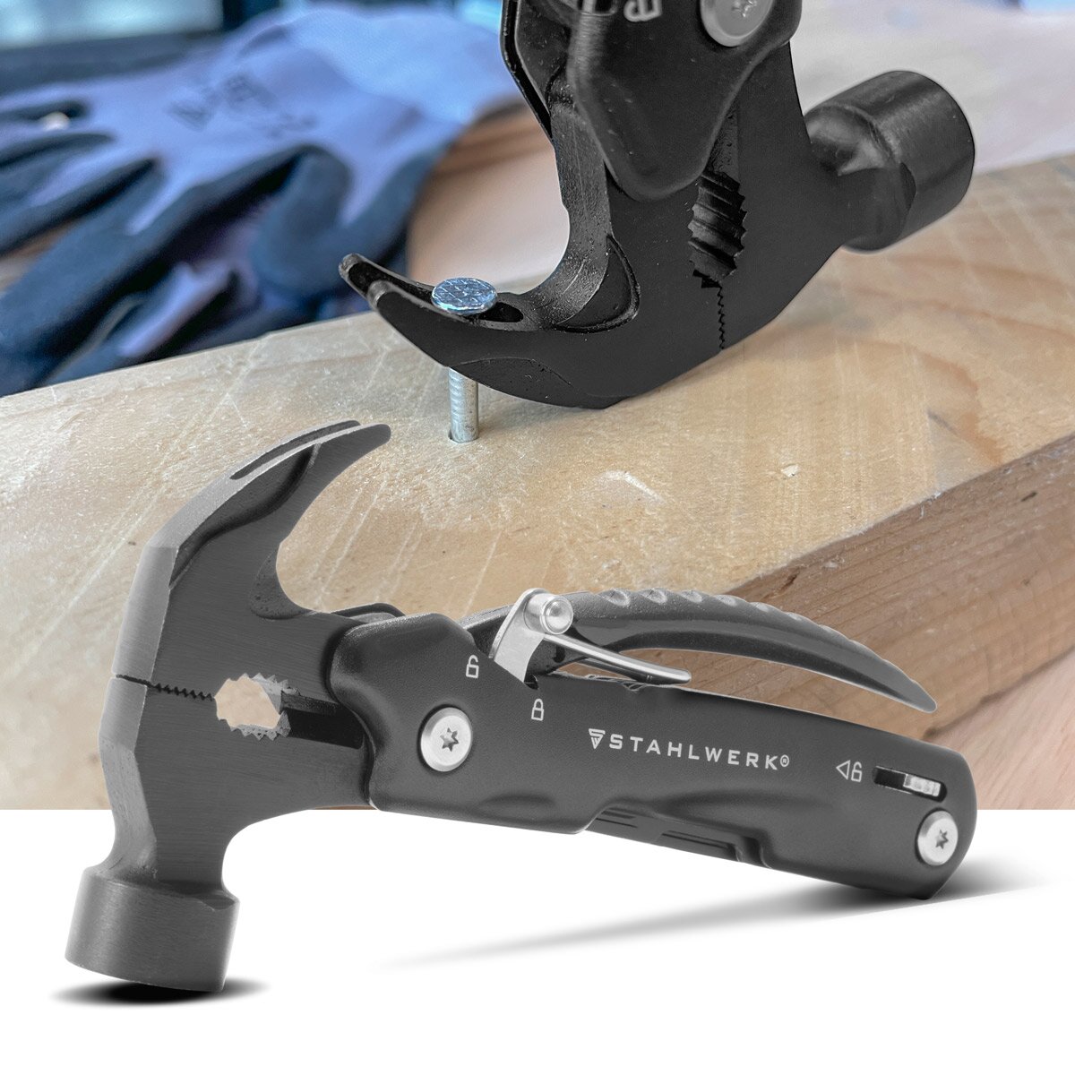 STAHLWERK multitool with 12 tools, high-quality pocket knife / folding knife / multifunctional tool with hammer, knife, saw, file, combination pliers, screwdriver etc. including LED flashlight