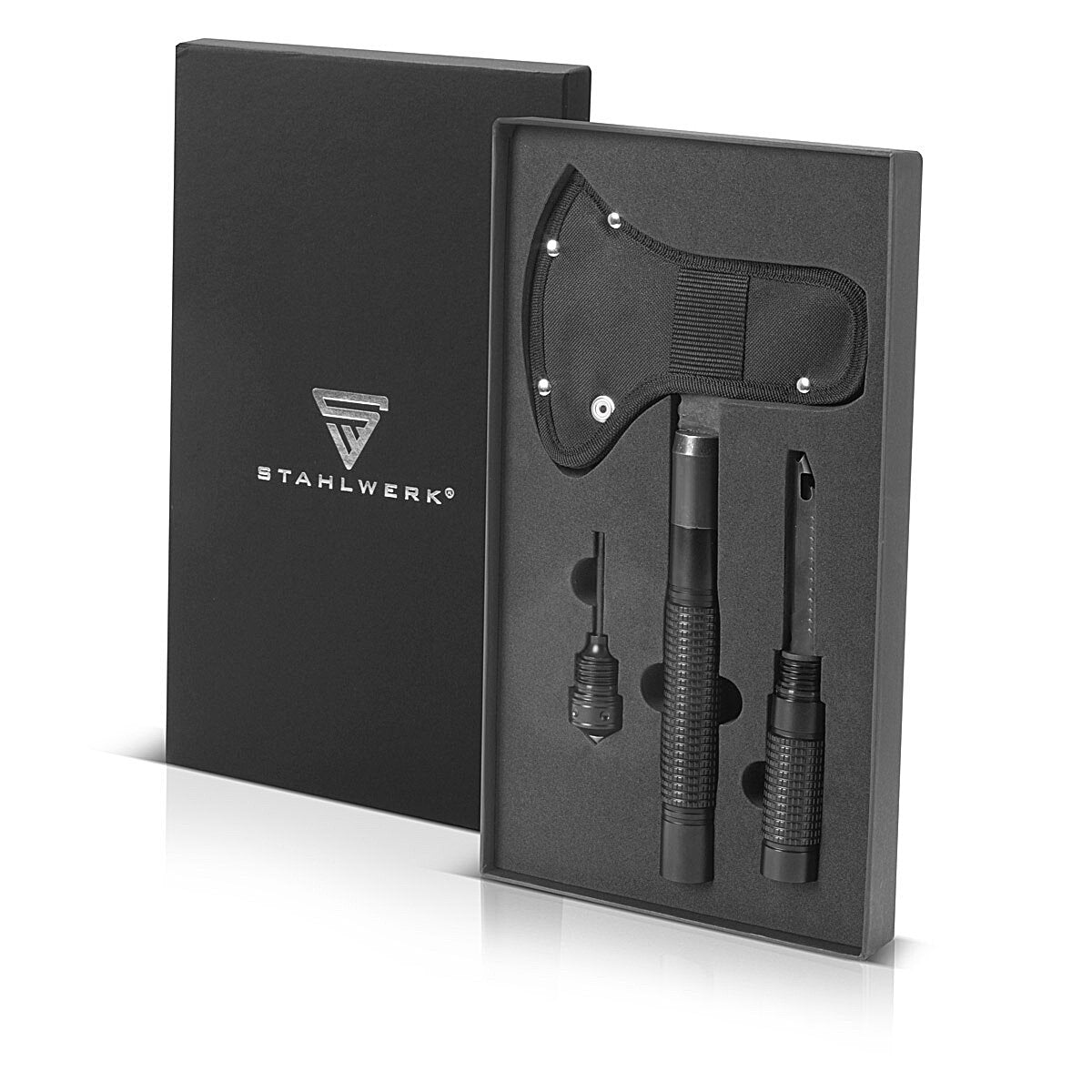 Multiutensile STAHLWERK / strumento multifunzione / kit di sopravvivenza all'aperto con ascia, coltello multifunzione, sega, martello di emergenza e fischietto con acciaio antincendio