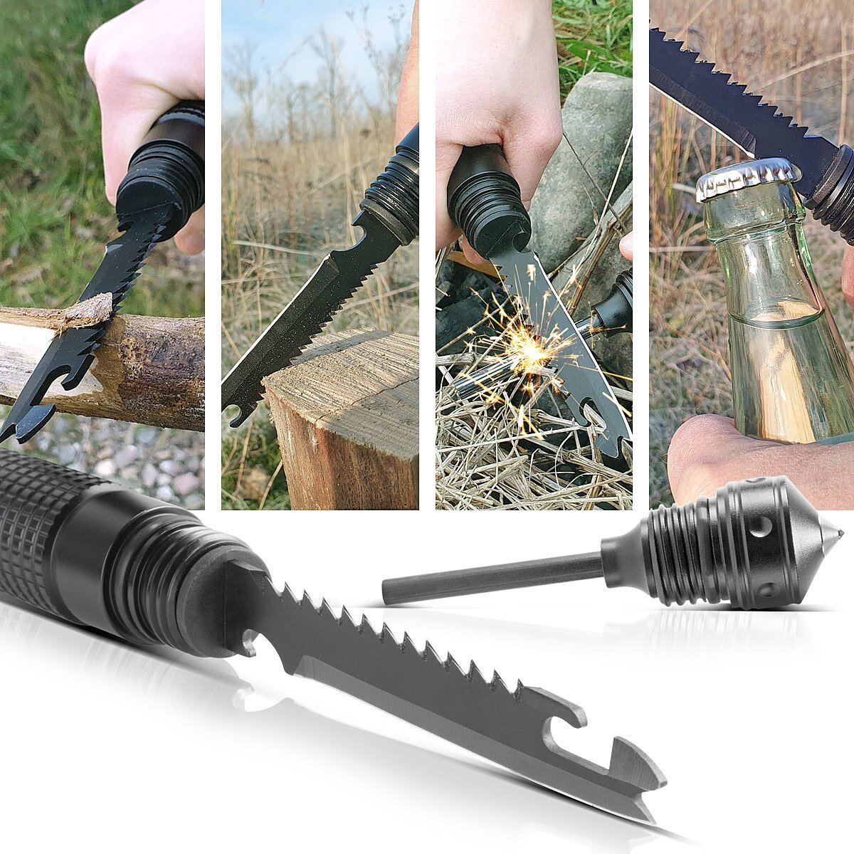 Multiutensile STAHLWERK / strumento multifunzione / kit di sopravvivenza all'aperto con ascia, coltello multifunzione, sega, martello di emergenza e fischietto con acciaio antincendio