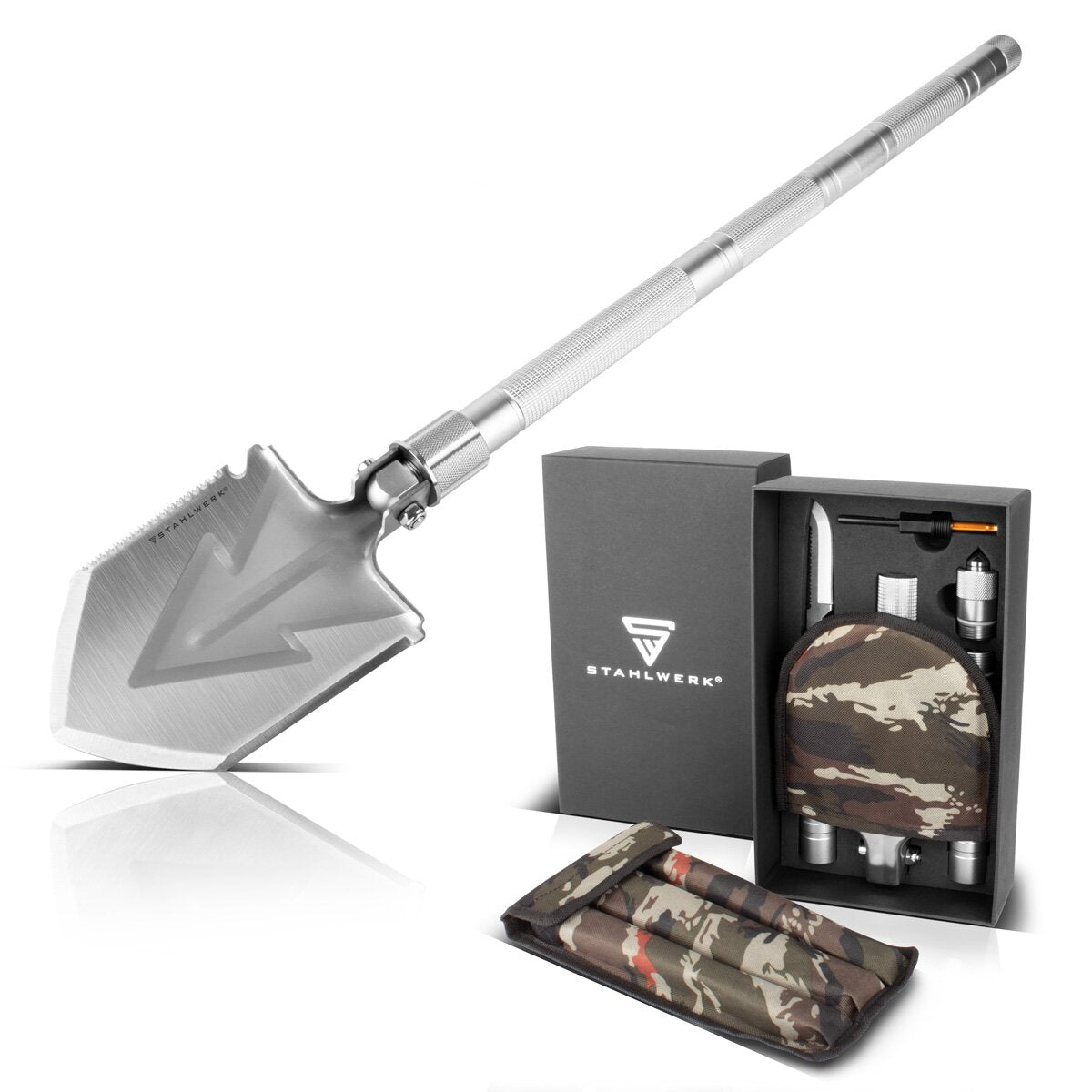 STAHLWERK Multitool / Multifunktionswerkzeug / Outdoor Survival Kit mit Klappspaten, Multifunktions-Messer, Säge, Notfallhammer und Signalpfeife mit Feuerstahl