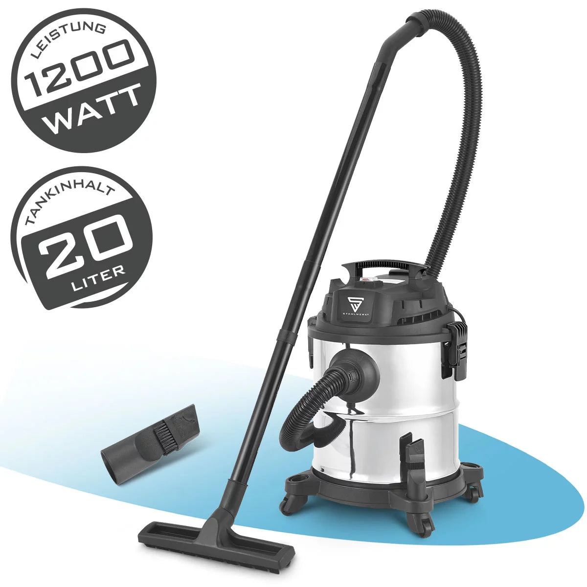Aspiraliquidi STAHLWERK VCL-1200 ST | Aspirapolvere da officina da 1200 W con contenitore in metallo da 20 l | Funzione scuoti-polvere e soffiaggio | Aspiratore industriale compatto per officine, garage e cantieri
