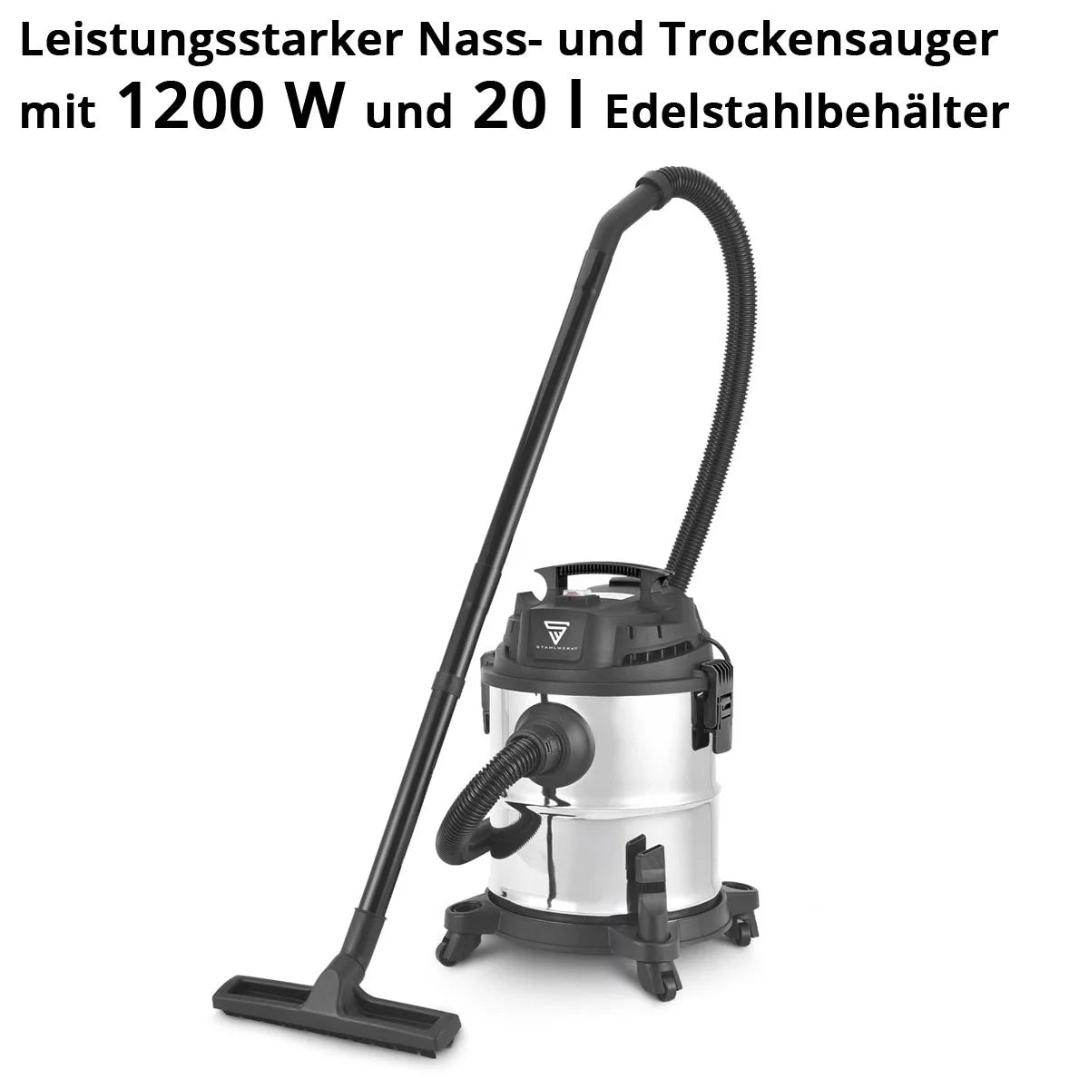 Aspiraliquidi STAHLWERK VCL-1200 ST | Aspirapolvere da officina da 1200 W con contenitore in metallo da 20 l | Funzione scuoti-polvere e soffiaggio | Aspiratore industriale compatto per officine, garage e cantieri