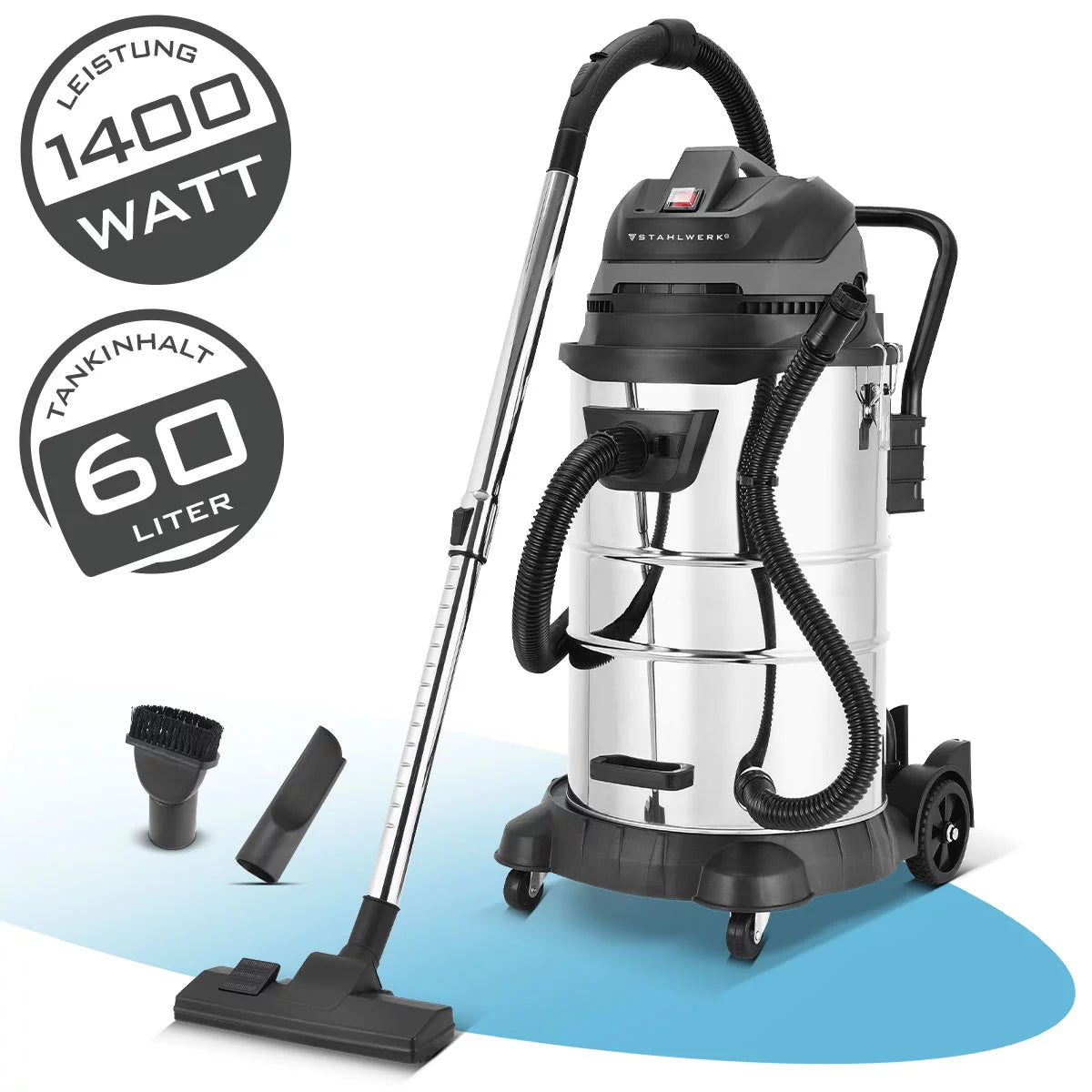 Aspiraliquidi STAHLWERK VCL-1400 ST | Aspiratore industriale da 1400 W con contenitore metallico da 60 L | Funzione di soffiaggio e scuotimento della polvere, spegnimento di sicurezza | Potente aspirapolvere da officina con accessori