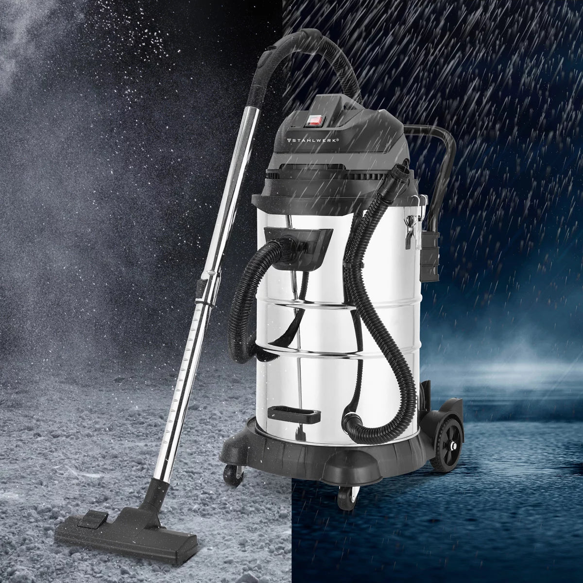 Aspiraliquidi STAHLWERK VCL-1400 ST | Aspiratore industriale da 1400 W con contenitore metallico da 60 L | Funzione di soffiaggio e scuotimento della polvere, spegnimento di sicurezza | Potente aspirapolvere da officina con accessori