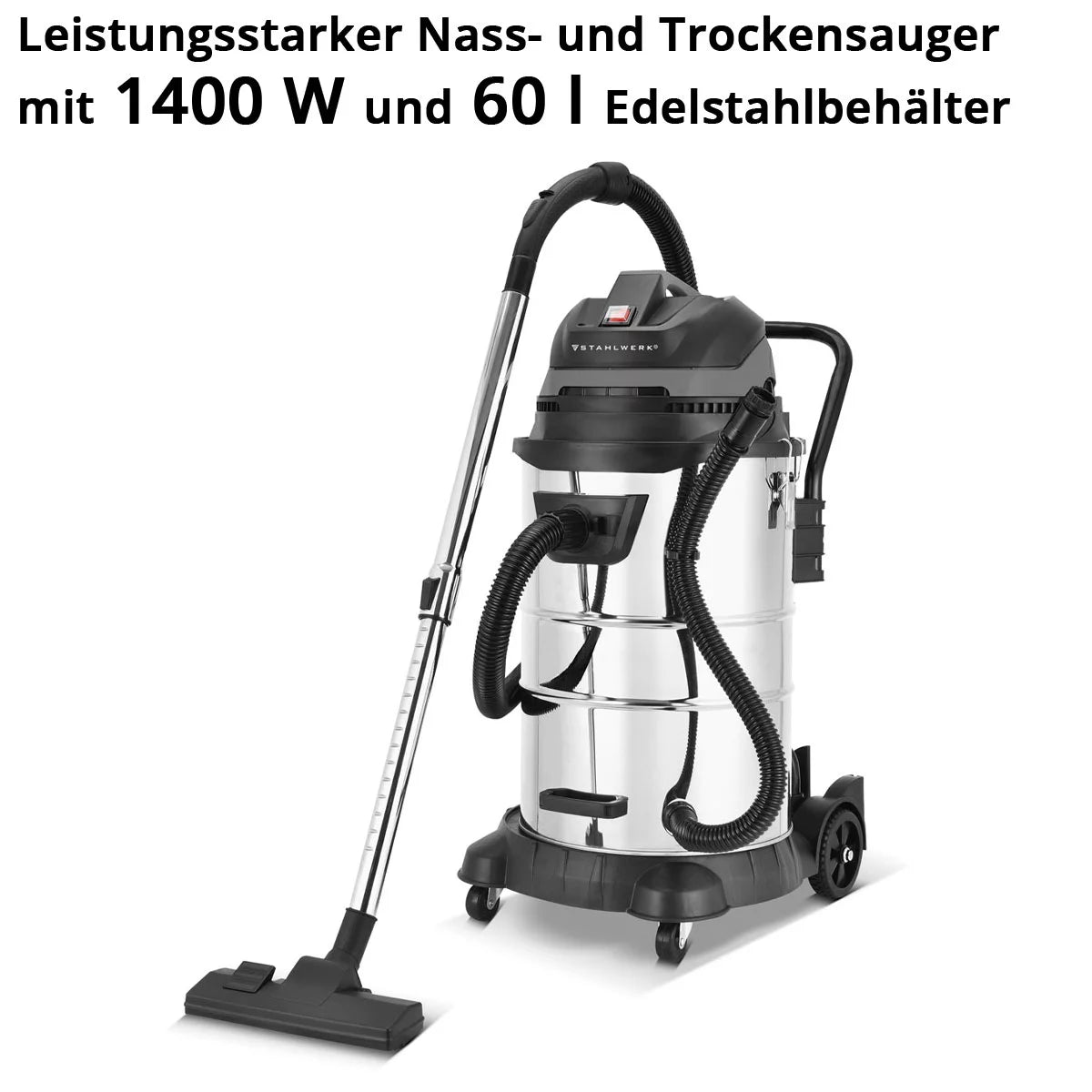 Aspiraliquidi STAHLWERK VCL-1400 ST | Aspiratore industriale da 1400 W con contenitore metallico da 60 L | Funzione di soffiaggio e scuotimento della polvere, spegnimento di sicurezza | Potente aspirapolvere da officina con accessori